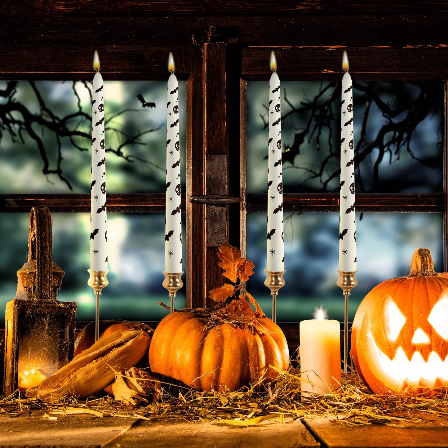 6 Pack Printed Taper Candle Set for Halloween Home Decoration, 10 Inch Ivory Candlesticks with Bat & Skull Pattern Pattern for Dinner Holiday Seasonal Celebration, Dripless and Smokeless Candles