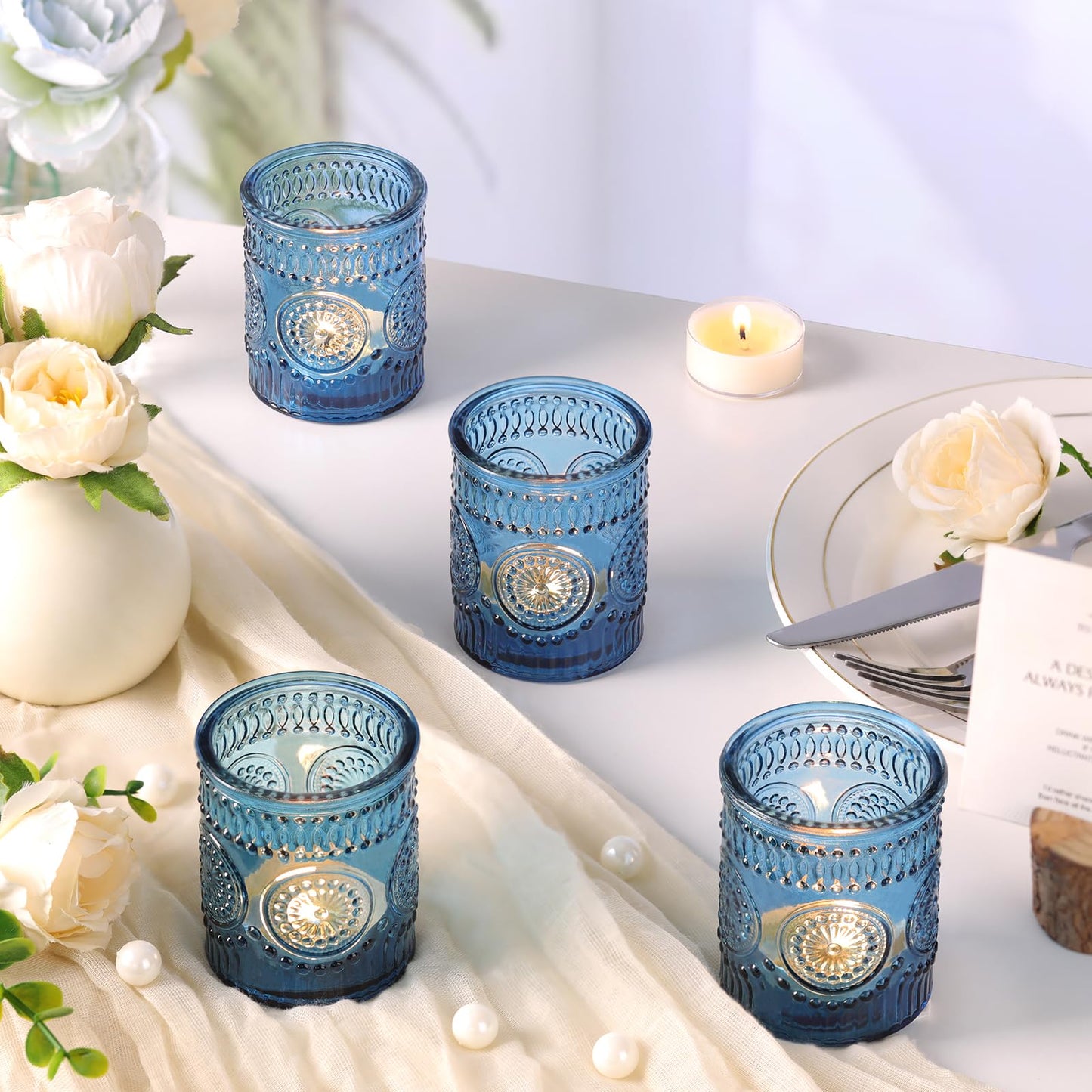 Lanttu Blue Votive Candle Holder Set of 12, Glass Tea Lights Candle Holders for Wedding Table Centerpieces, Birthday Parties, Home Decor and Holiday Decor