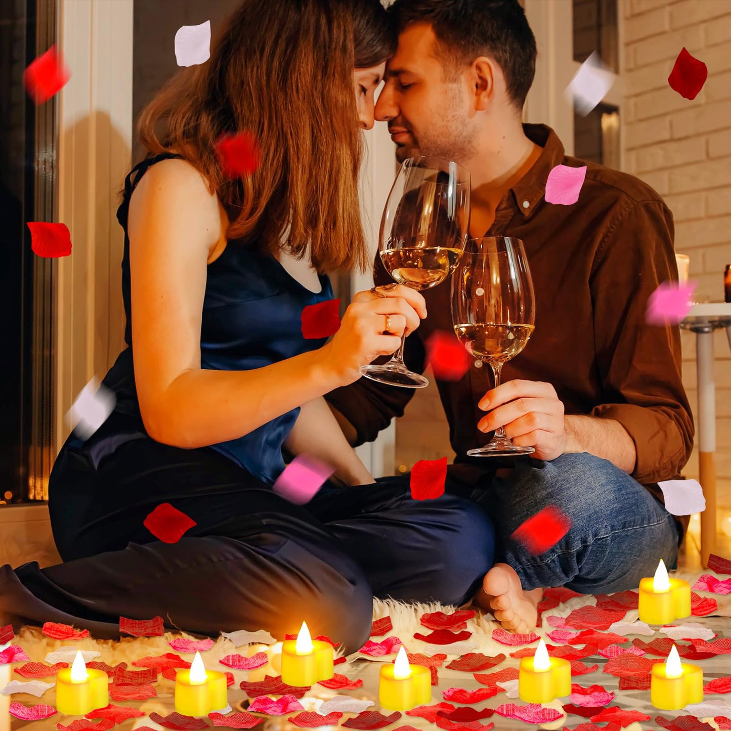 Coume 6000 Pieces Artificial Rose Petal 72 Pieces LED Tealights Candle, Romantic Decorations Special Night Rose Petal Heart Candle for Valentines Wedding Anniversary Proposal Decor(Cute White Light)