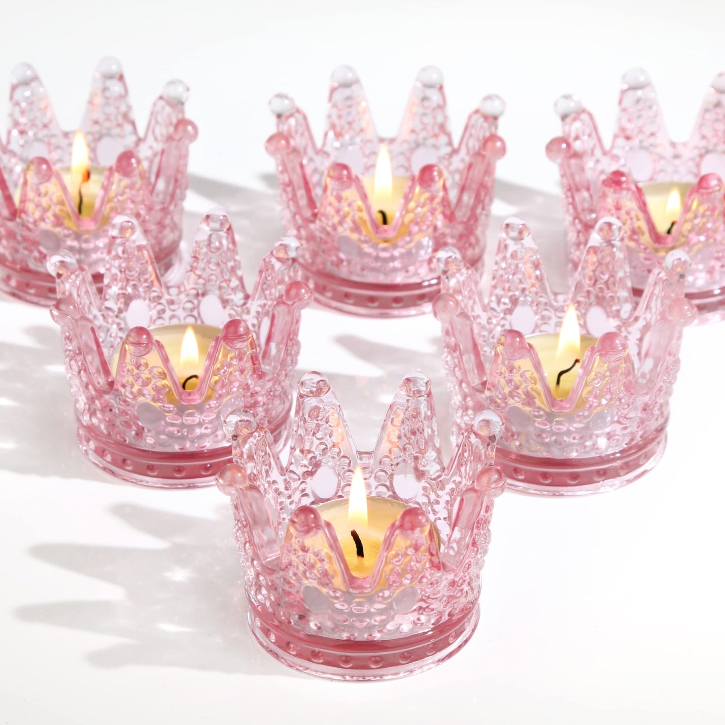 Vixdonos Votive Candle Holders Set of 6 Crown Glass Tealight Candle Holder for Wedding, Party and Home Decor (Pink)