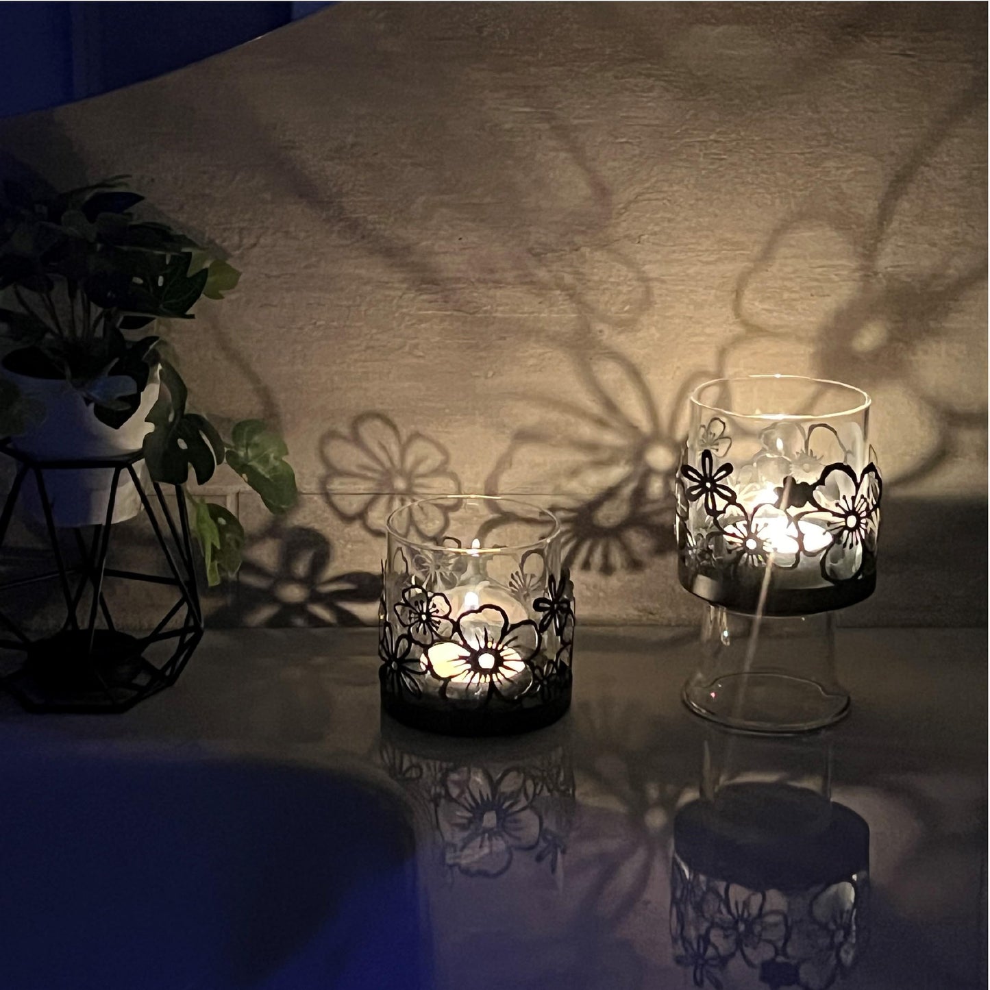 Lily’s Home Cutout Shadow Box Votive Tea Light Hurricane Glass Candle Holders, Centerpiece Lighting for Weddings, Entertaining and Home Decor, Flowers Garden Design, Black, Set of Two