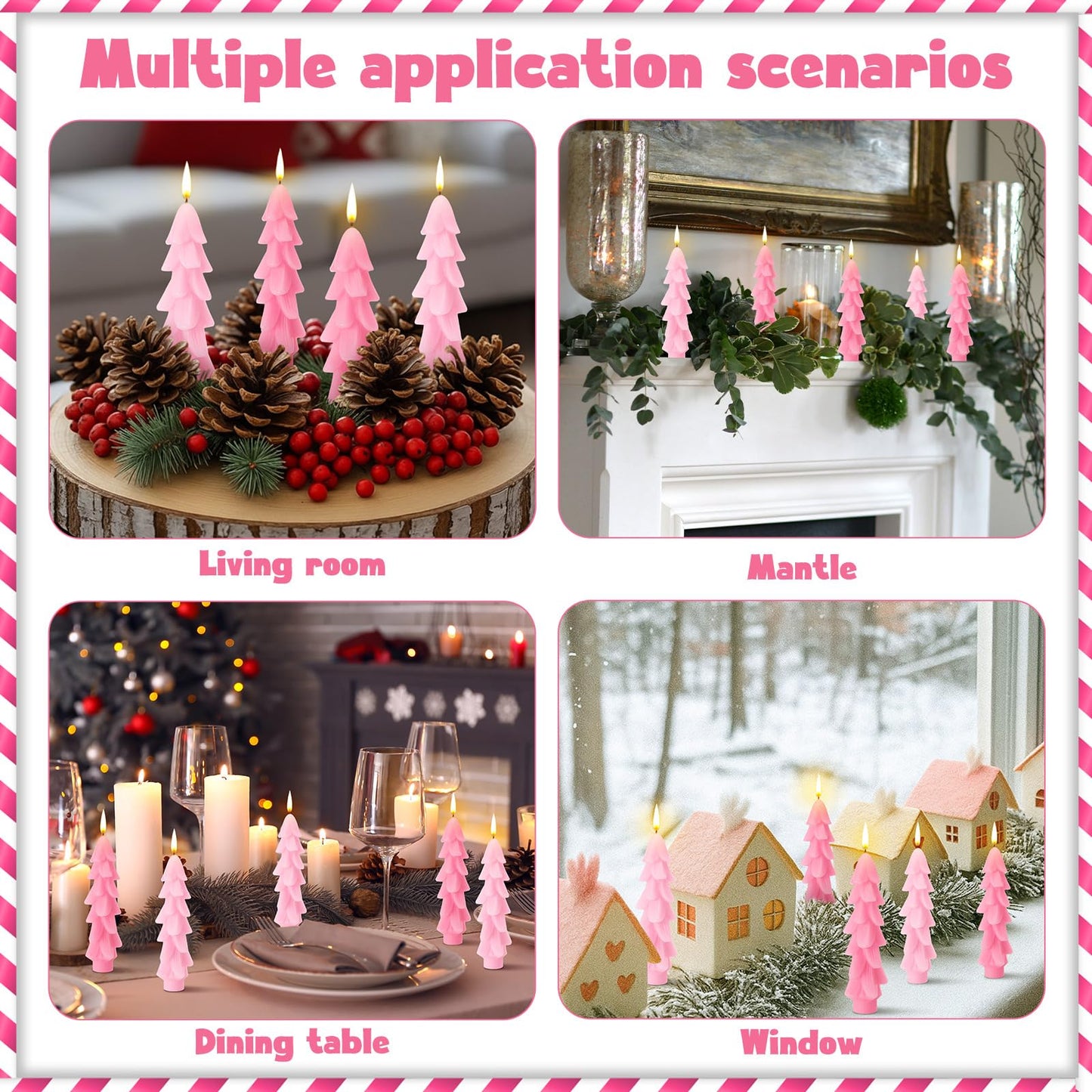 MTLEE 4 Pcs 5 Inch Christmas Tree Shaped Taper Candles Pink Xmas Holiday Candle Unscented Candlesticks for Christmas Party Room House Kitchen Decor Wedding Decorations Gift
