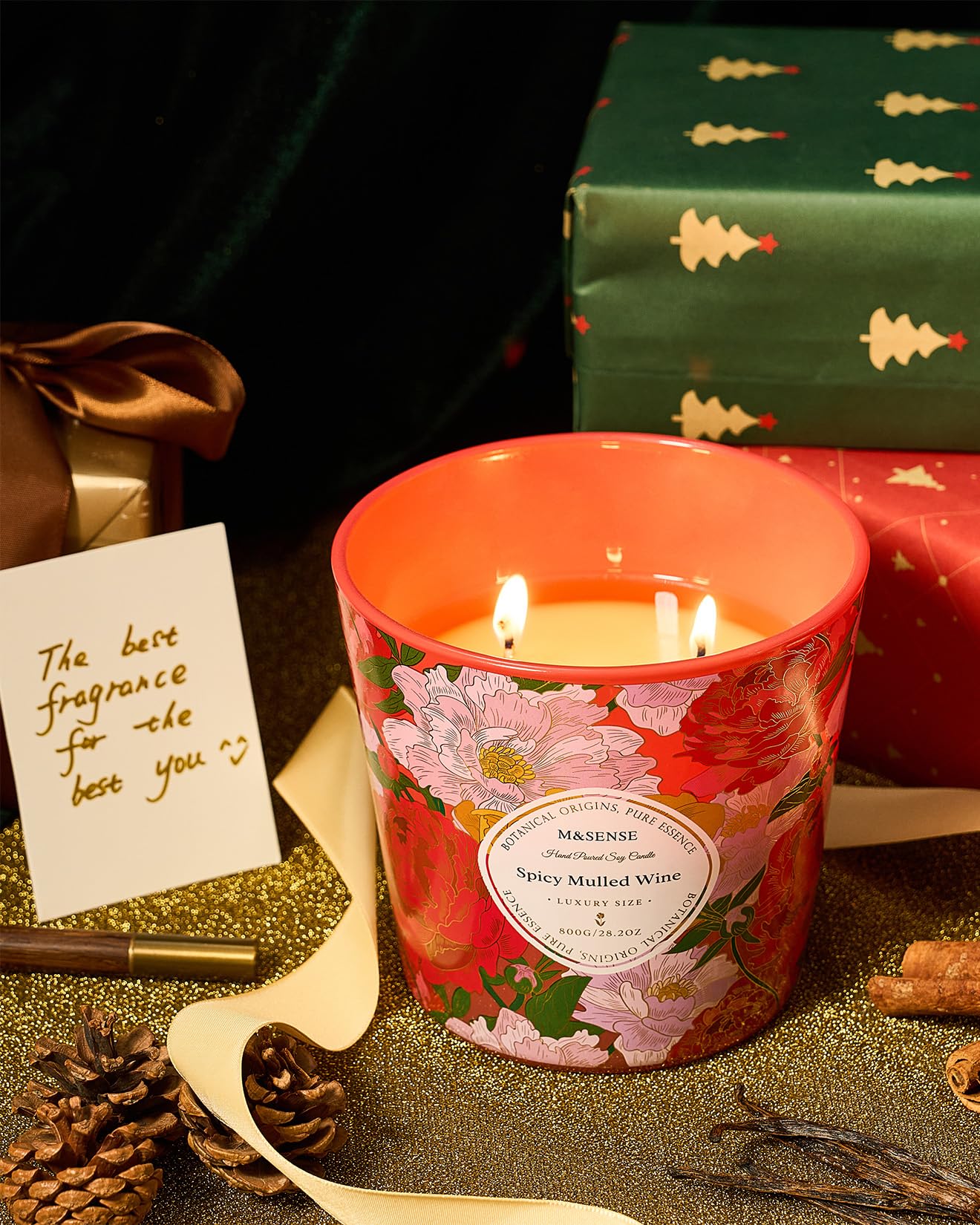M&SENSE Spicy Mulled Wine Scented Candle, 28.2oz 3 Wick Natural Soy Wax Large Candles, Long Lasting Clean Slow Burning No Toxic Décor for Home Relaxation, Romantic Dates & Gift-Giving