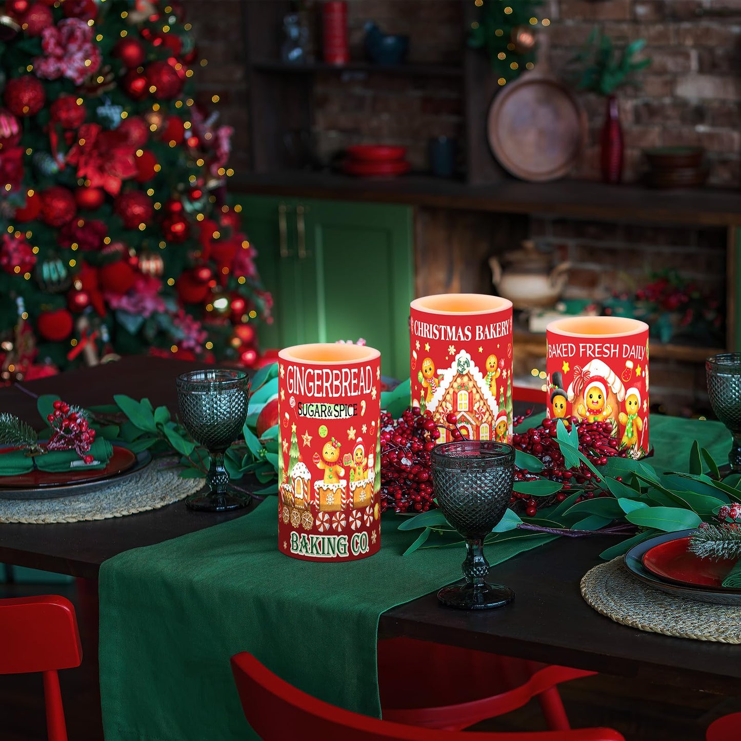 Retisee 3 Pcs Christmas Flameless Candles with Remote Timer Gingerbread Man Real Wax LED Flickering Pillar Candle White Cold Light Battery Operated for Home Window Xmas Gift Winter Holiday Decor