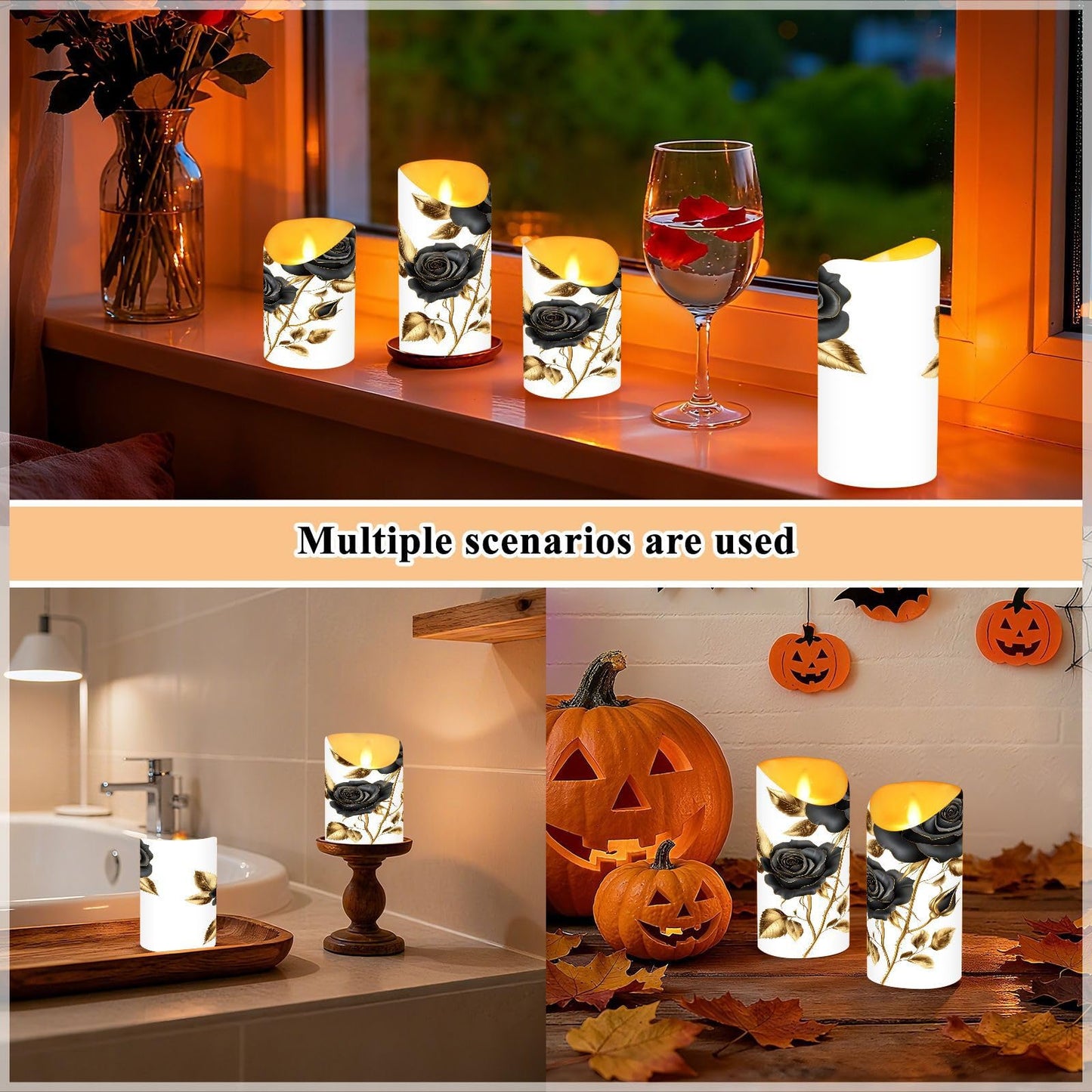 ALAZA Black Roses Gold Leaves Flickering Flameless Candles Battery Operated with Remote Timer,Tea Light Candles LED Pillar Votive Set of 2 for Outdoor Indoor Decorations 3" x5.9"