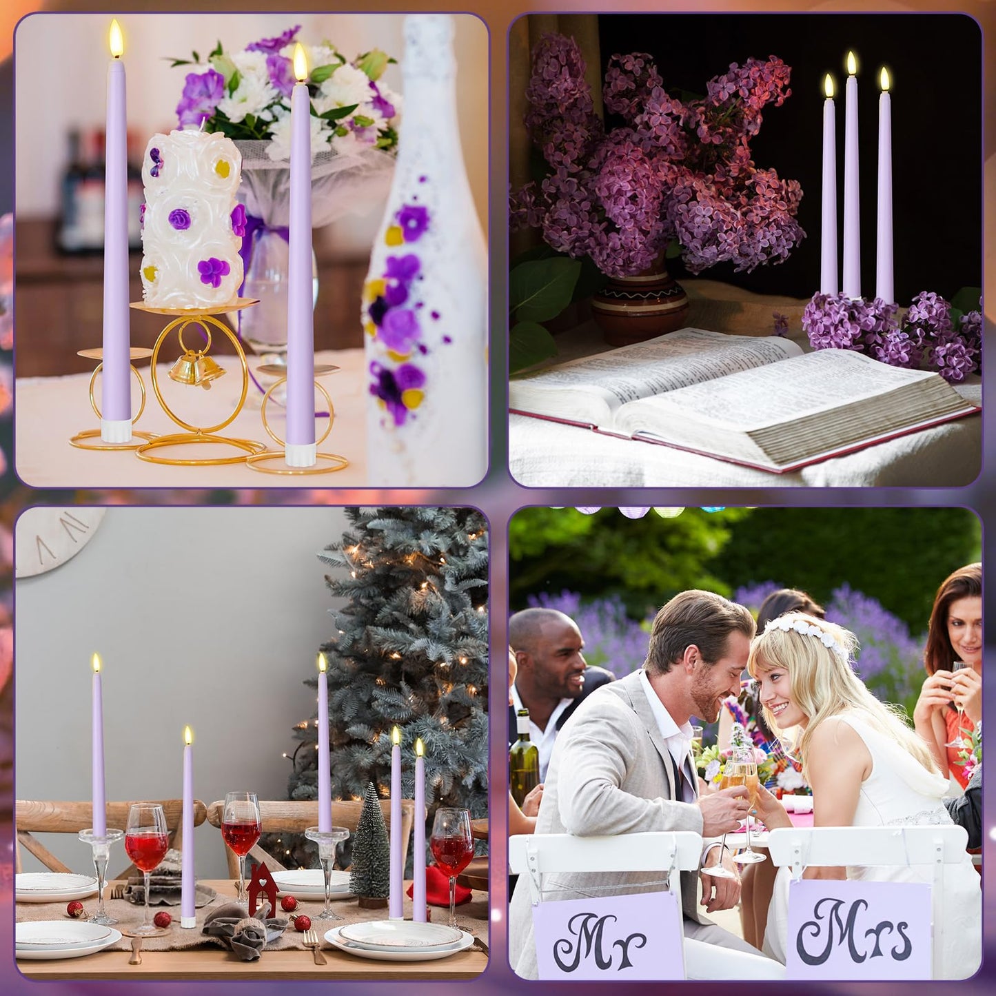 Macarrie 24 Packs Flameless Taper Candles Battery Operated Fake 11 Inch Long Candlelight LED Flameless Candlesticks Flickering Tapered for Spring Summer Wedding(Lavender Purple)