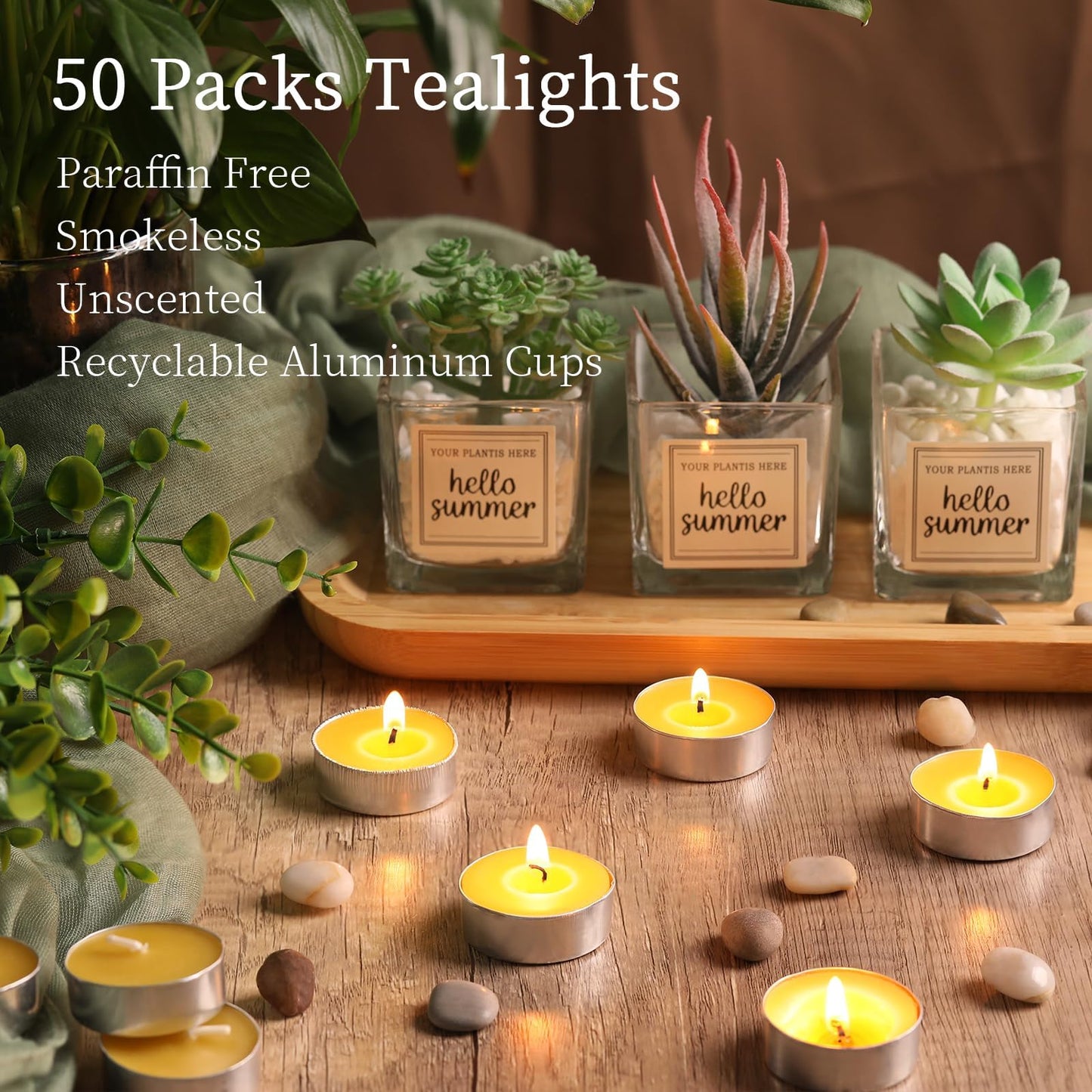 50 Packs Beeswax Tealight Candles, Pure Beeswax Candles Tea Lights Candle, Natural Organic Tealights Unscented Smokeless Clean Burning with 4 Hour Burn Time