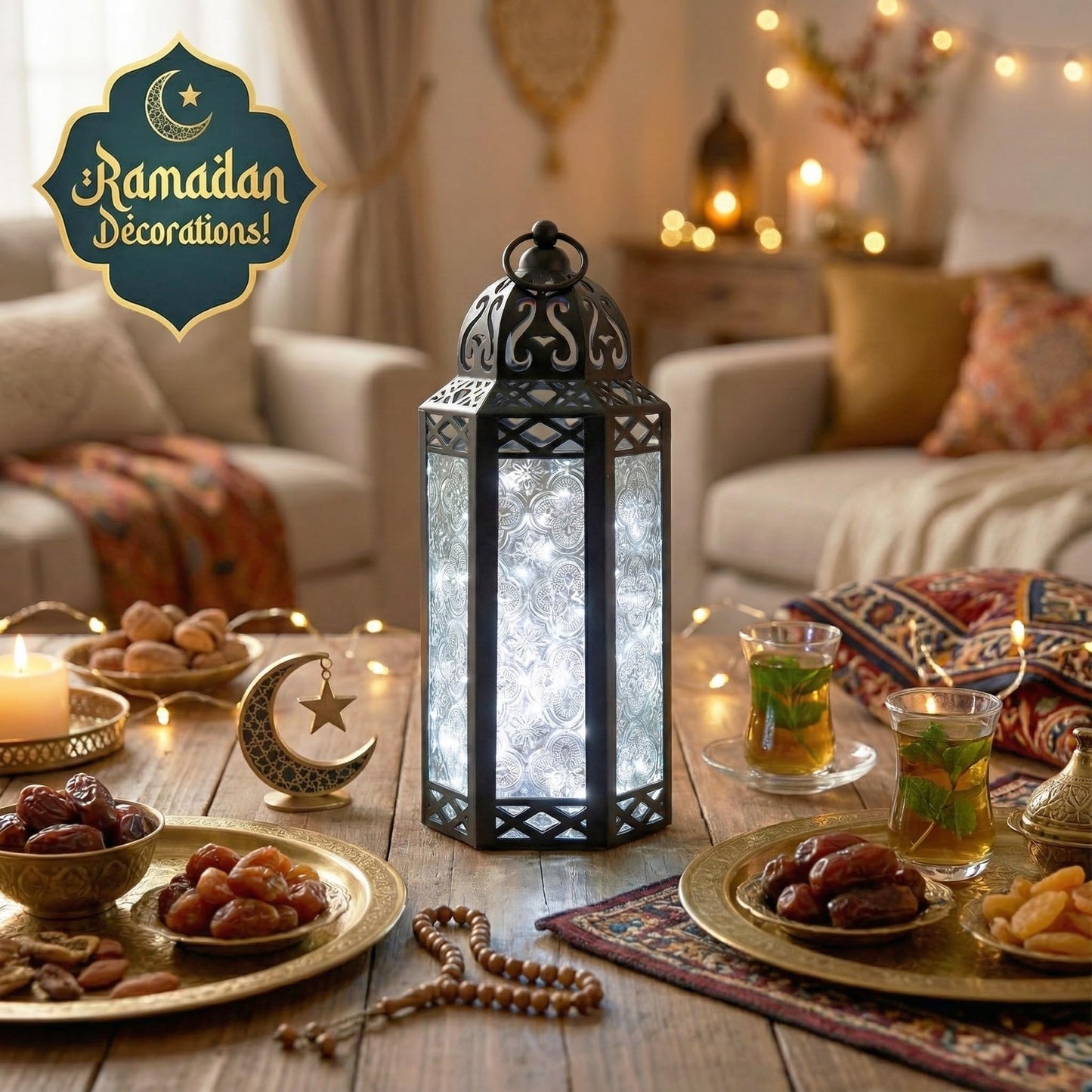 Vela Lanterns Decorative Indoor Moroccan Candle Holder & LED Fairy Lights -Twinkle Turkish Lamp, Fantasy Home Decor Table Centerpieces, Hanging Outdoor Patio Porch Wedding Ramadan (10.5", Clear)