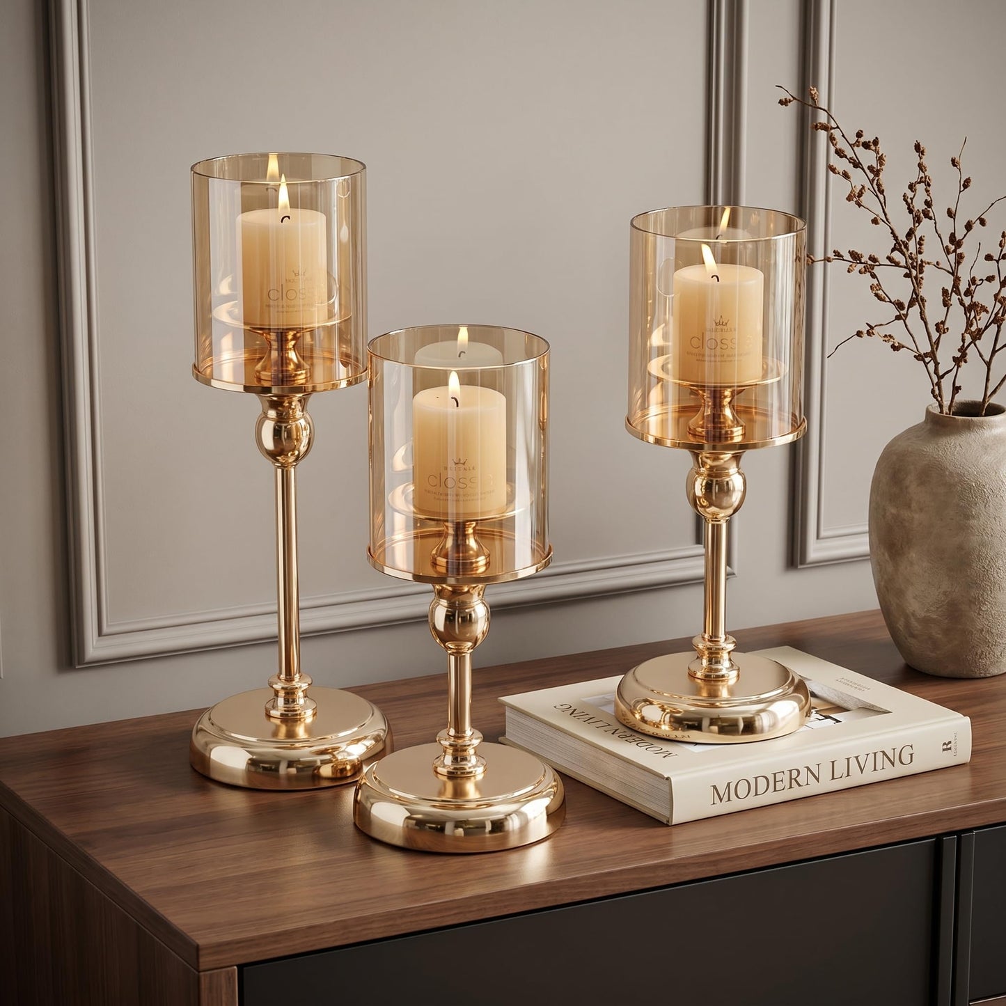 Oakernel Gold Hurricane Candle Holders - Set of 3 Tall Candlestick Holders Windproof Taper Candle Holders, Metal Stand for Table Centerpiece Outdoor Indoor Wedding Party Holiday Decor