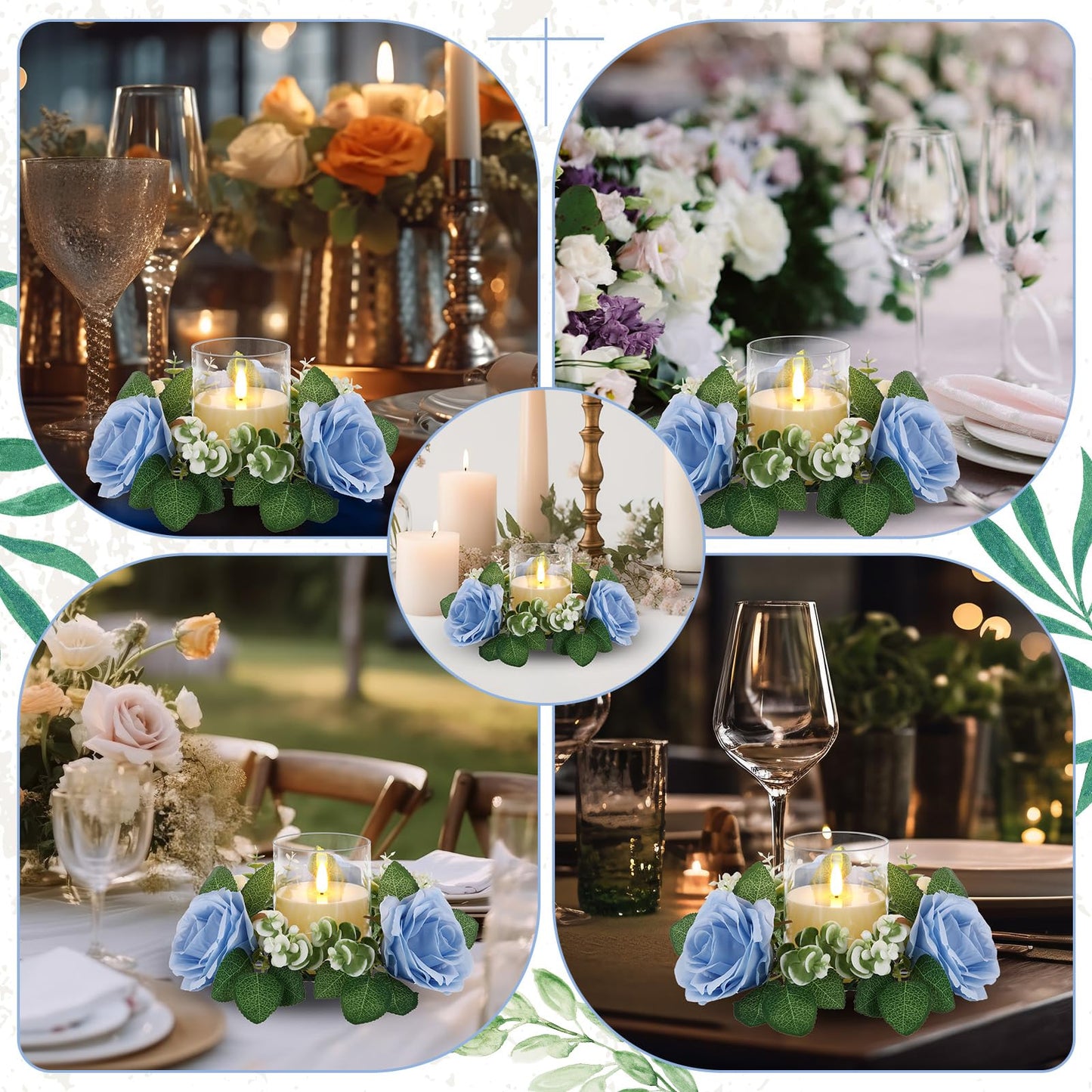 Yunlly 32 Pcs Rose Candle Rings with Flameless Candles Sets, Artificial Flower Eucalyptus Wedding Centerpiece 3 Inch Pillar Candleholders Wreaths for Wedding Party Mother's Day (Blue)