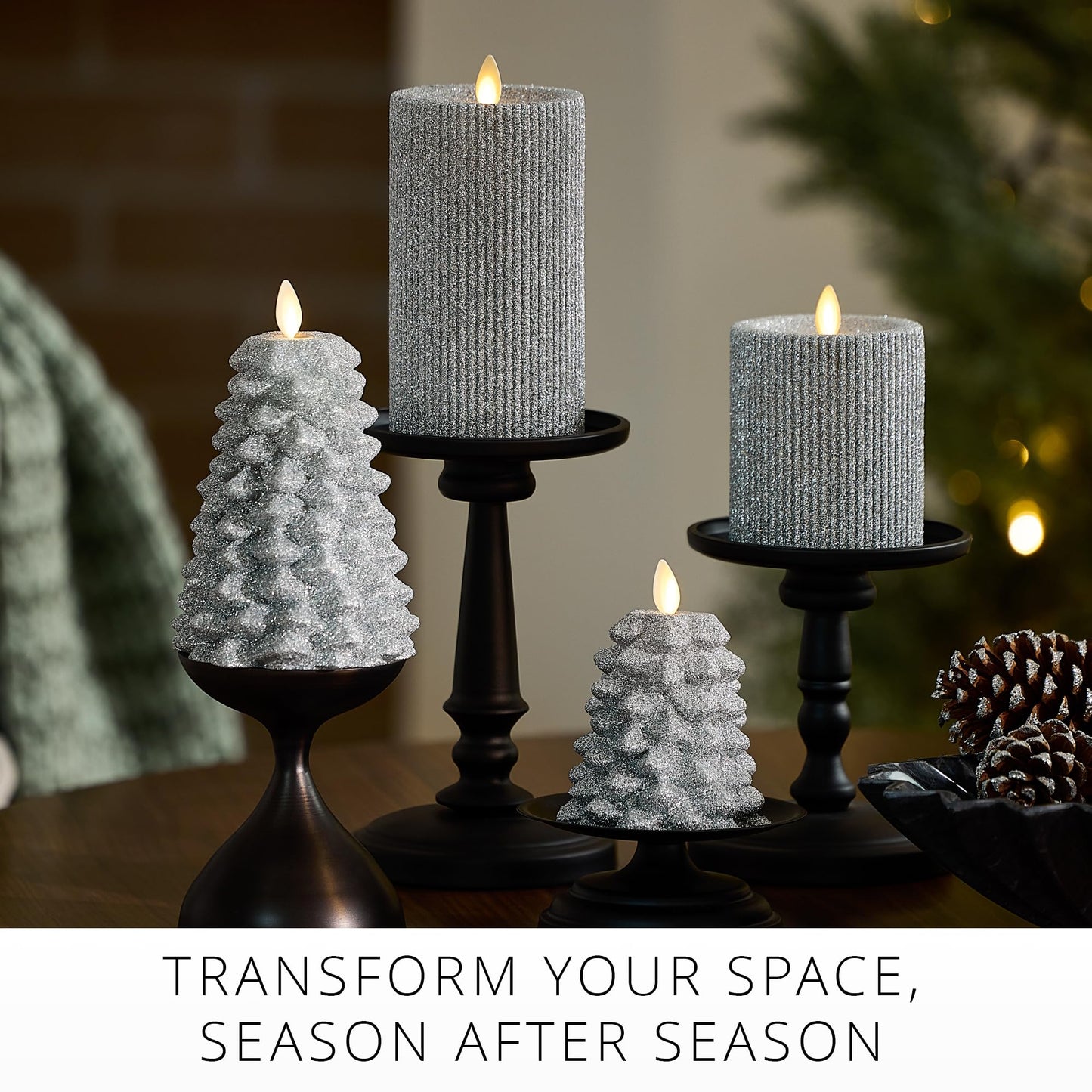 Luminara Brilliant Silver Glitter Ribbed Flameless LED Candle Moving Flame Pillar, Real Wax, Flat Top, Timer (3.25" x 4.5")