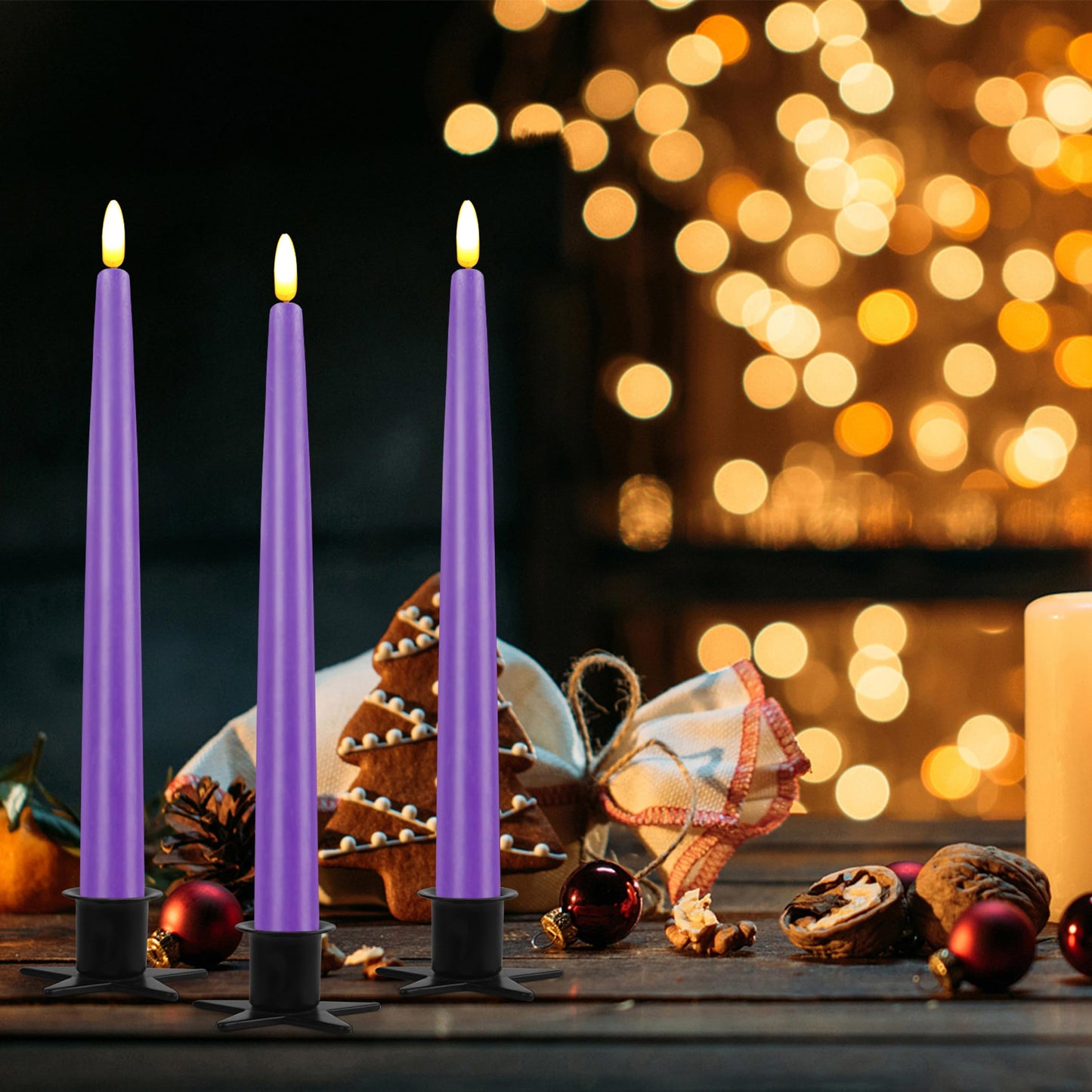 CVHOMEDECO. Flameless Taper Candles with 10-Key Remote, Battery Operated Led Flickering 3D Wick Window Candles Real Wax Finished Home Christmas Party Decor 0.78 x 11 Inch, Pack of 3, Purple