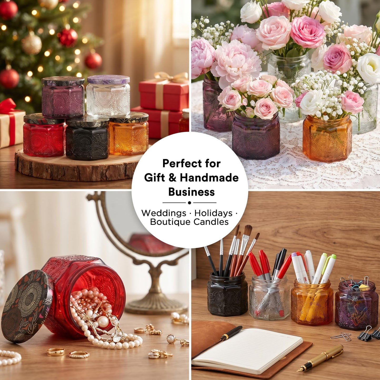 12 Pack 4oz Glass Candle Jars with Lids, Hexagon Embossed Candle Making Containers, Empty Candle Jars with 20 Wicks & Labels for DIY Candle Making, Party Favors, Home Decor