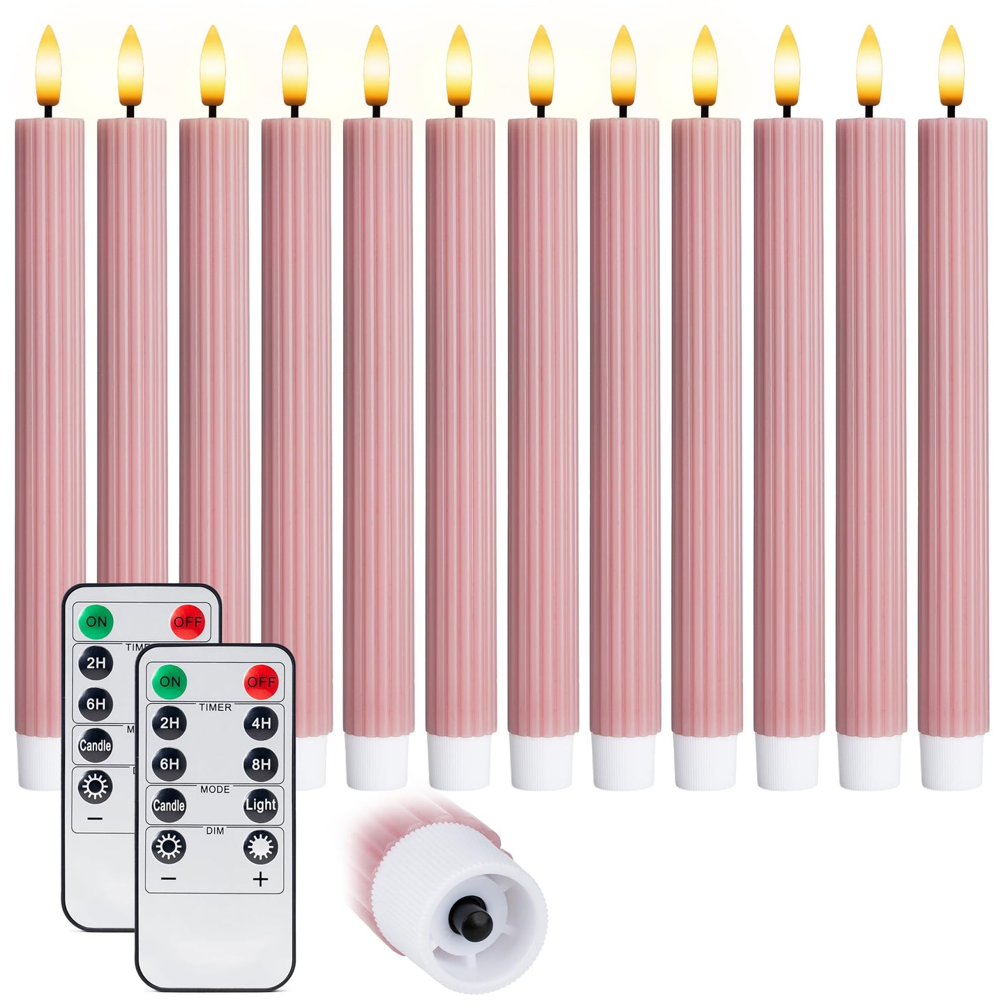 West Ivory 12 Pack, 10" LED Flameless Dusty Rose Fluted Ribbed Grooved Taper Candles, Remote & 24h Timer Memory, On/Off Button, Dimmable, Flicker Mode, Battery Operated, Christmas Menorah Wedding