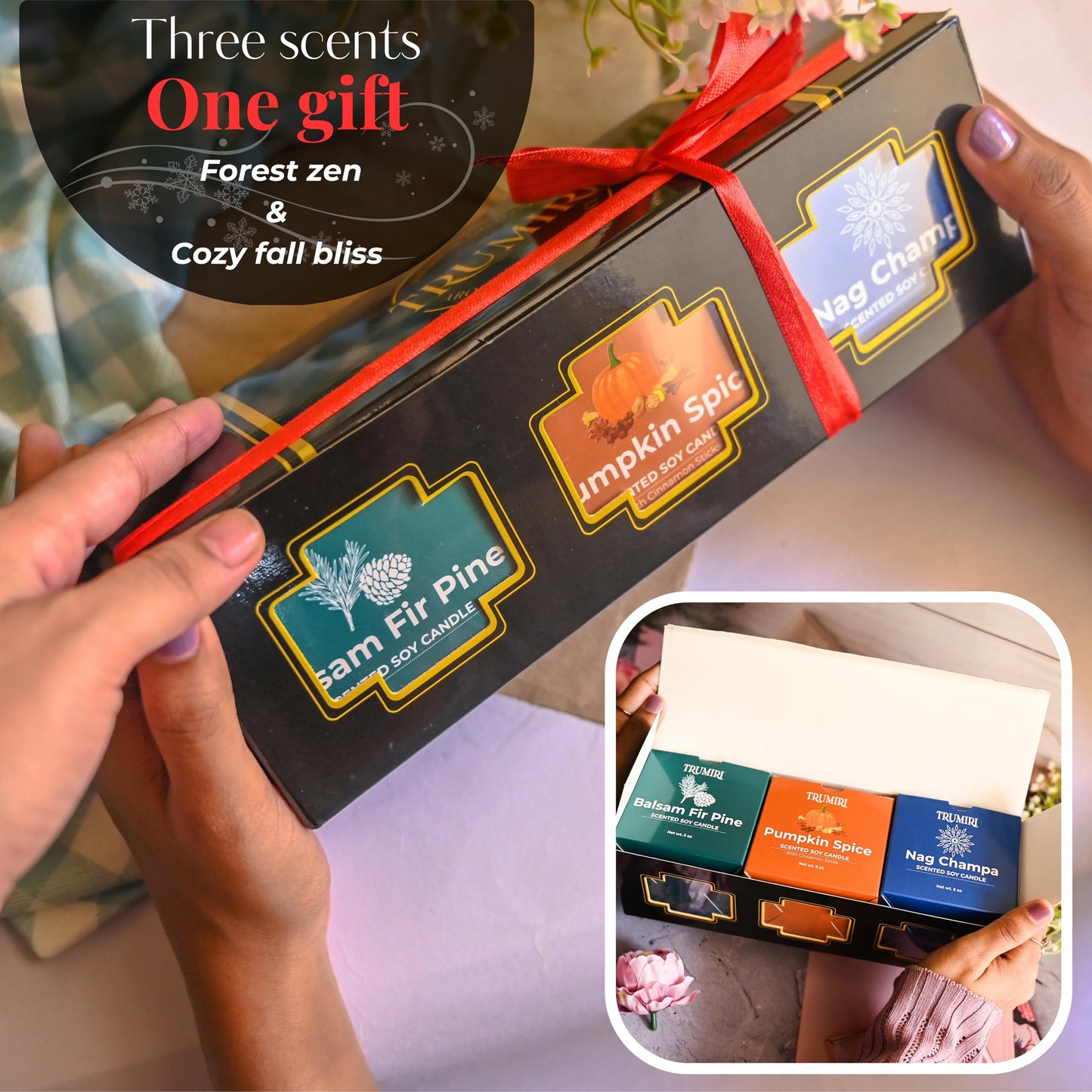 Balsam Fir Pine, Pumpkin Spice, Nag Champa - Soy Candles Non Toxic - Highly Scented Long Lasting with Essential Oils - Variety Pack of 3 x 5oz - for Home Aromatherapy Meditation Gift Travel