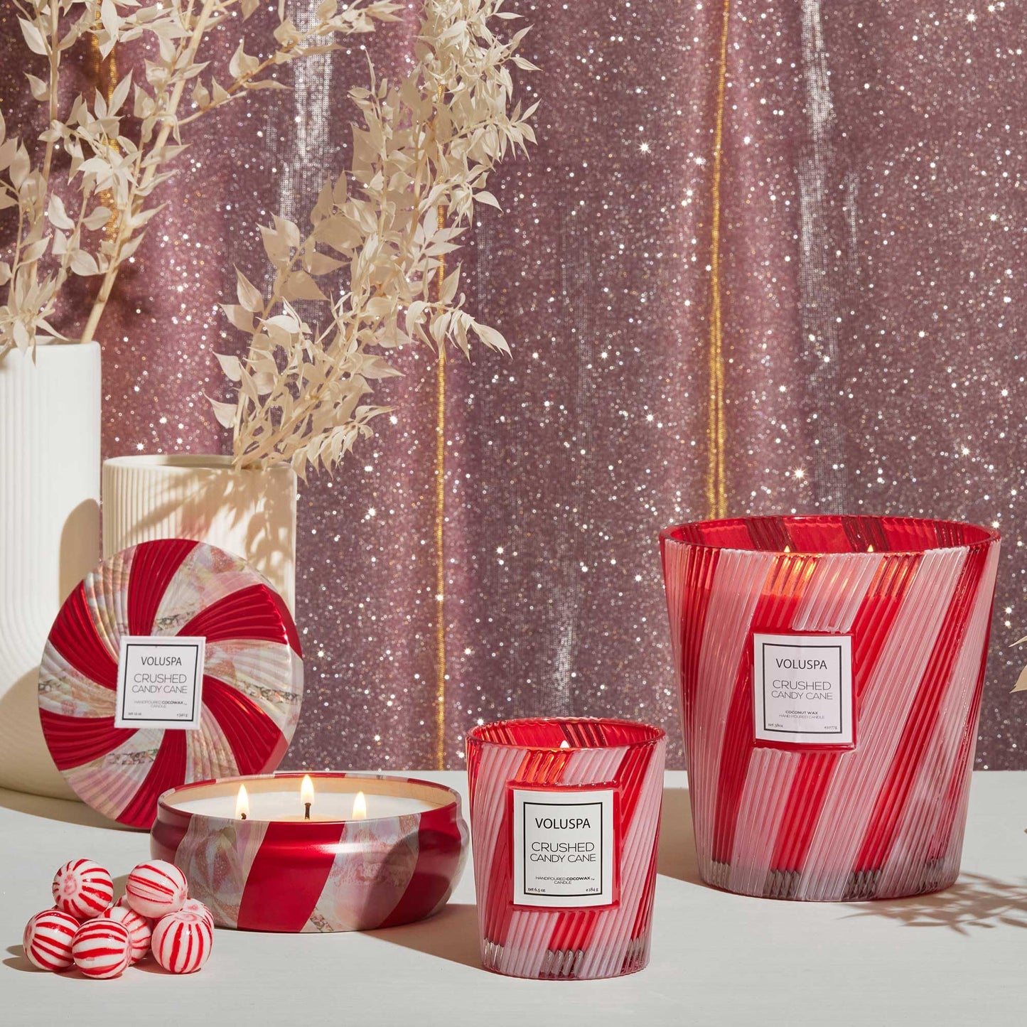 Voluspa Crushed Candy Cane, 3 Wick Boxed Hearth, 38 oz, 80 Hour Burn Time, Coconut Wax for Clean Burning, Handcrafted in the USA