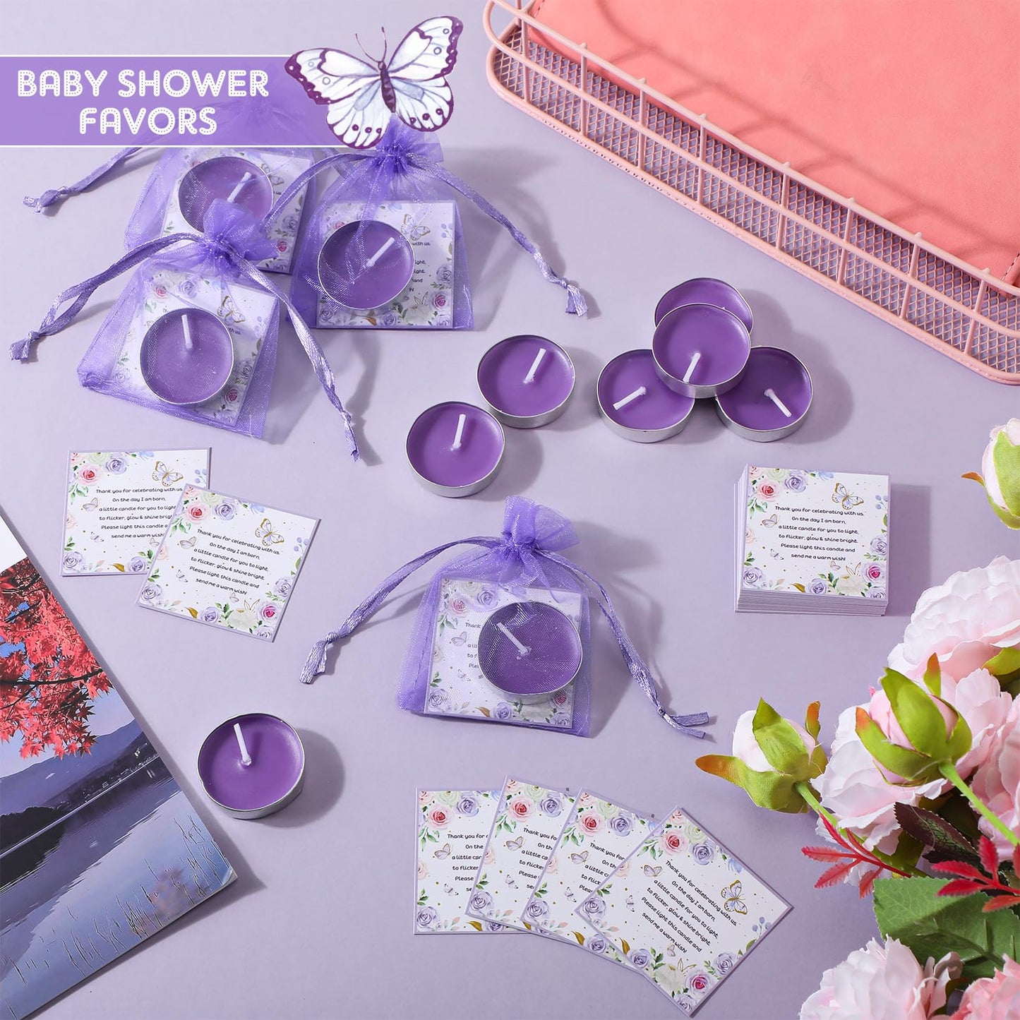 MTLEE 50 Sets Baby Shower Party Favors Candles Including 50 Pcs Tealight Candles Thank You Cards Baby Shower Bags for Guests Prizes Gender Reveal Party Decorations(Purple,Butterfly)