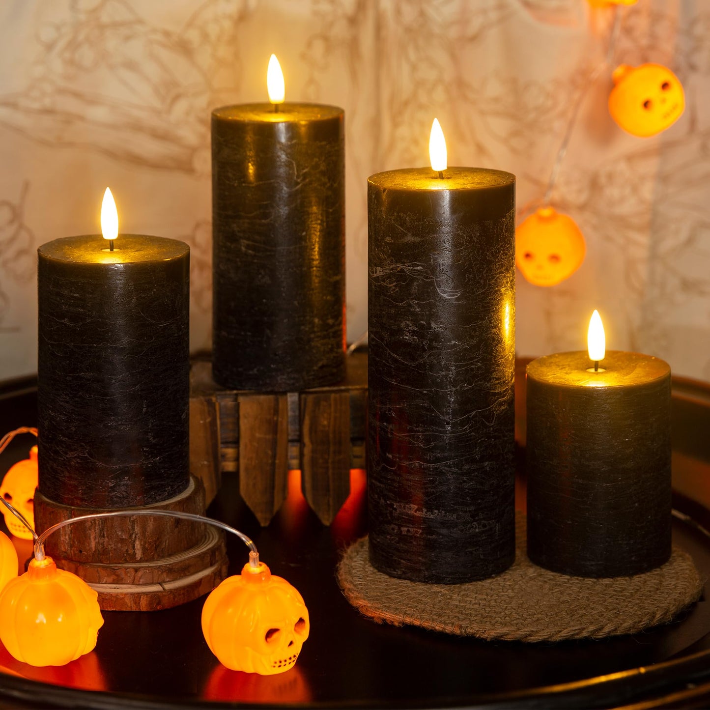 LUSHARBOR Halloween Flameless Candles, 4 Pack Battery Operated Halloween Candles with Remote, Wax LED Fake Pillar Candles Fireplace/Shelf Decor D3 H 5" 6" 7" 9" Black