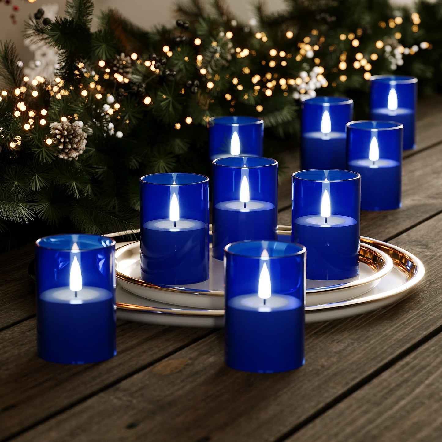 VIODAIM 12Pack Flickering Flameless LED Candles with Timer, Battery Powered - Small Pillar & Votive, Acrylic Made, Blue (2"X3")