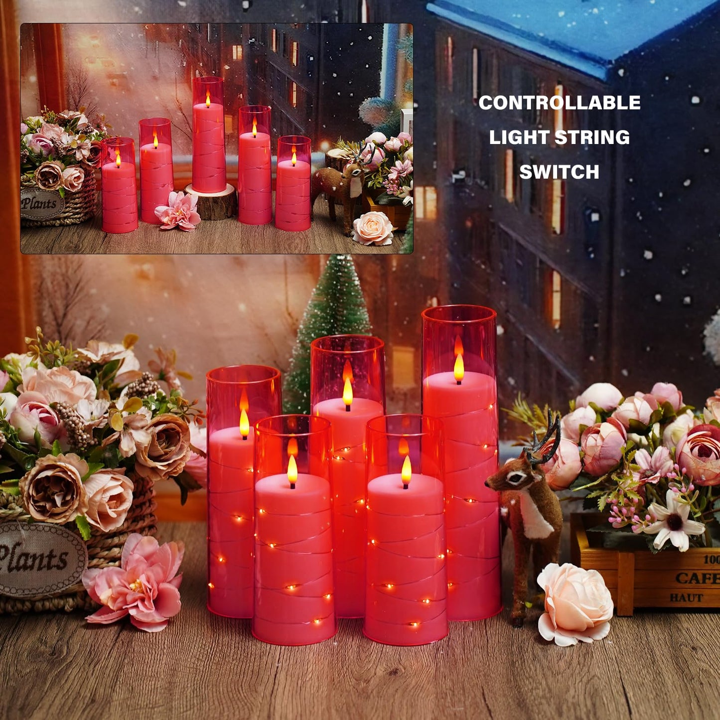 kakoya Flameless LED Candles with Timer 5 Pc Flickering Flameless Candles for Romantic Ambiance and Home Decoration Stable Acrylic Shell,with Embedded Star String,Battery Operated Candles(Pink)