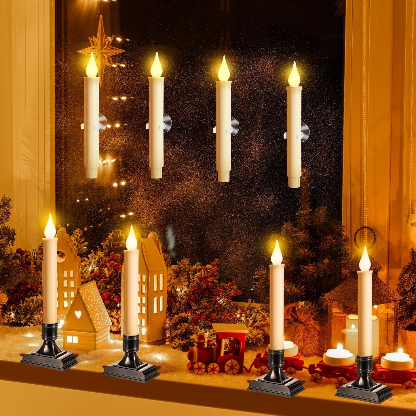Yungyan 12 Set 8.8 Inch Christmas Window Candles with Sensor Dusk to Dawn Bulk Battery Operated Window Lights with Suction Cups and Holders Flameless LED Taper Candles for Xmas Home Decor(Classic)