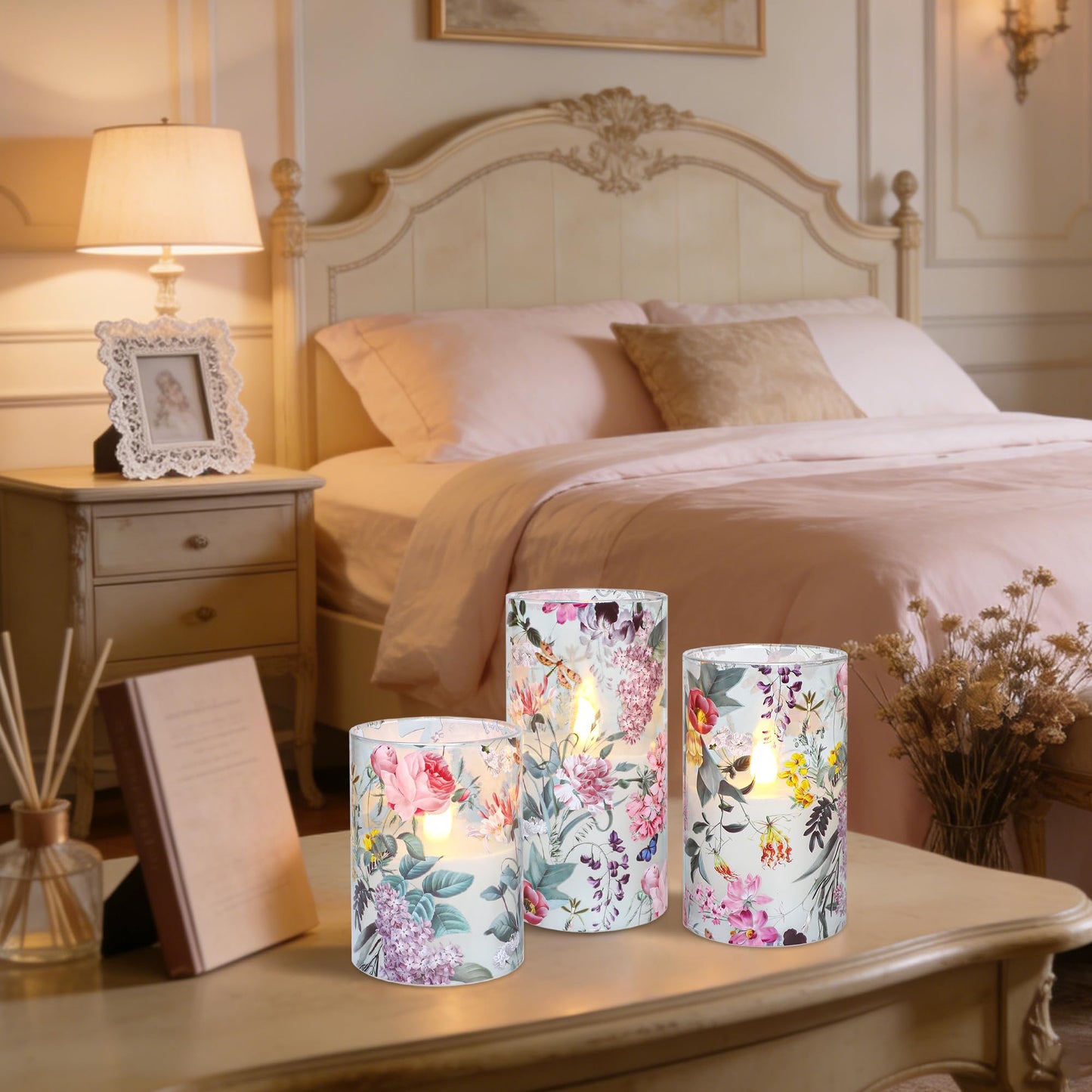 CRYSTAL CLUB Floral Glass Flameless Candles Battery Operated with Remote, Realistic LED Flickering Pillar Candle for Wedding, Home Decor