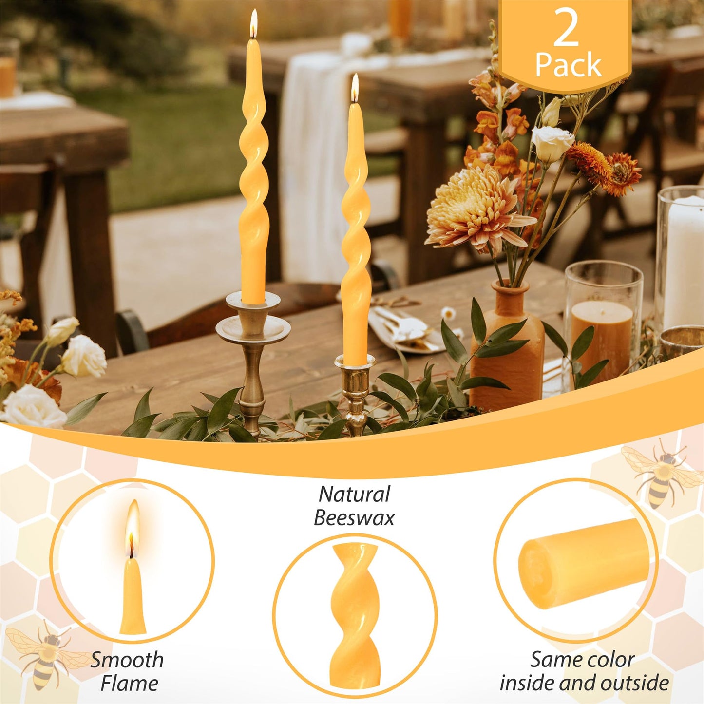 Gedengni Beeswax Taper Candle Spiral Candlesticks,7inch Natural Bees Wax Candles Smokeless Tapered Candle for Home Meditation for Home Meditation Prayer Dinner Decor,2pcs 1D-BEE