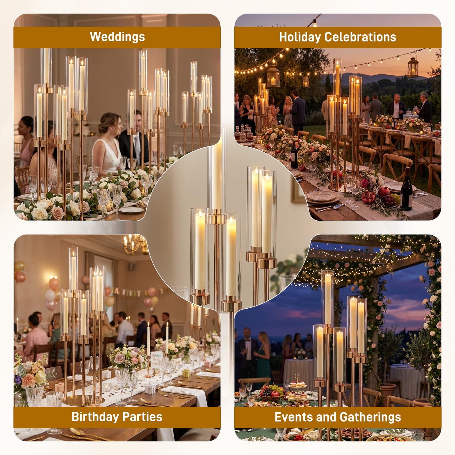 10PCS Gold Candelabra Centerpieces, 42.5in 5 Arm Gold Candle Holder with Acrylic Lampshade, Perfect for Wedding, Birthday, Holiday & Party Decor, Fits 0.9" LED Taper Candles