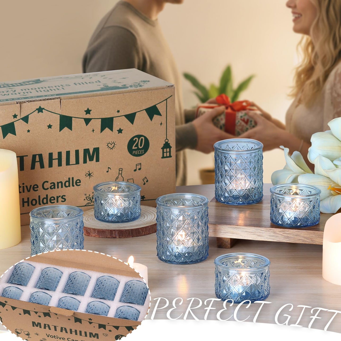 MATAHUM 20 Pcs Blue Tealight Candle Holders,Glass Votive Candle Holders Bulk, 2 Sizes for Wedding Centerpieces, Beach Theme Bridal Shower, Baby Boy Shower, and Birthday Party Decor