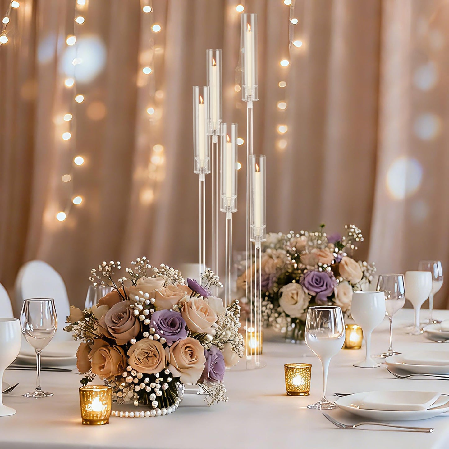4pcs 45.7in Tall 5 Arm Acrylic Candelabra Centerpieces with Acrylic Shade for Table and Floor, Clear Candle Holders for Wedding Ceremony Birthday Party Home Decoration Fit 0.8in Candles (No Candle)