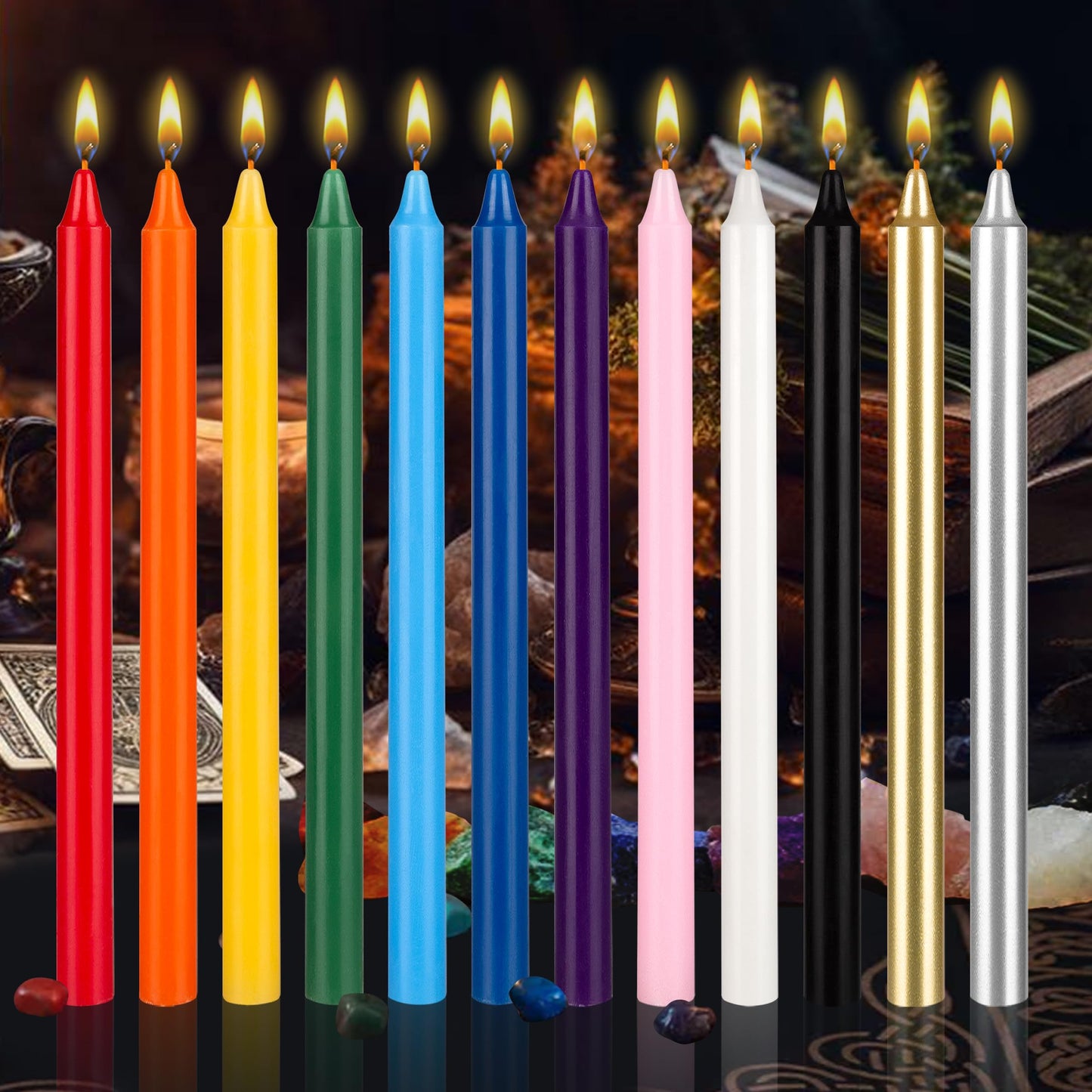 Mega Candles 12 pcs Unscented Supreme Assorted Colors Straight Taper Chime Candles, Handcrafted Wax Candle 12 Inch x 7/8 Inch, Chimes, Rituals, Spells, Witchcraft, Wiccan, Meditation, Metaphysical