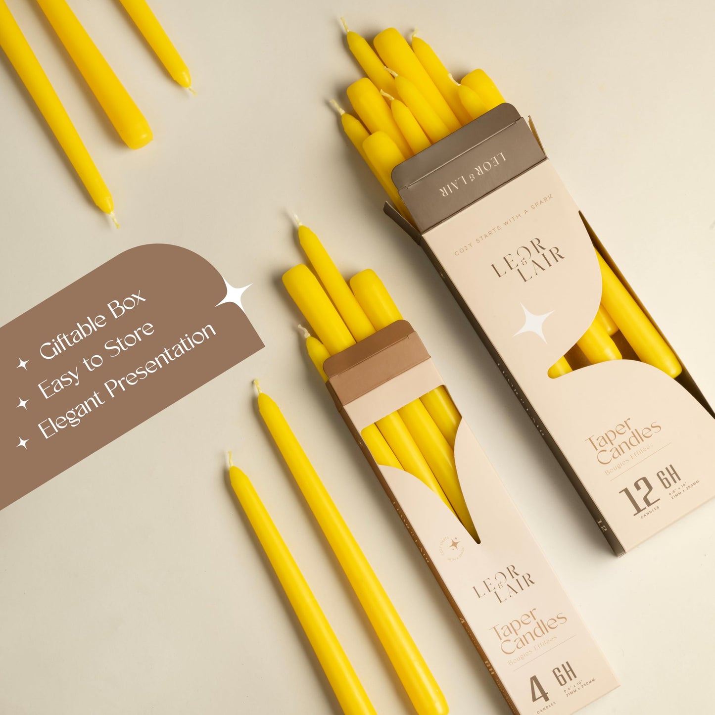 Leor & Lair Yellow Taper Candles - 4 Pack 10" Yellow Candlesticks - Unscented Long Burning Candles for Fall Decor, Dinner Table, Holidays, Weddings, Restaurants & Business Events