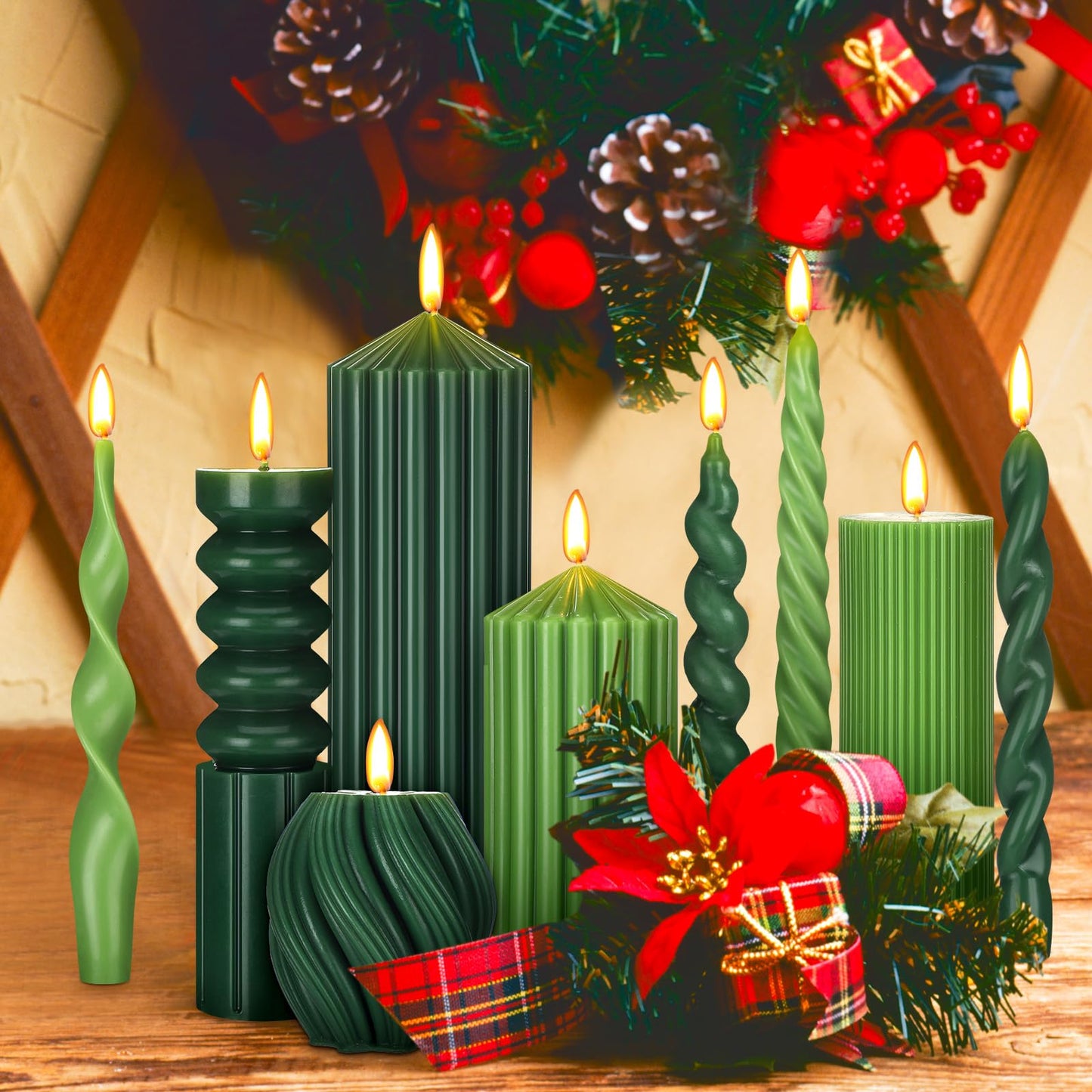 Nuanchu 9 Pcs Modern Decorative Candles Set 5 Pillar Aesthetic Ribbed Candles 4 Spiral Taper Twisted Candlesticks Scented Smokeless Soy Wax for Wedding Holiday Dinner Home Decorations(Green)