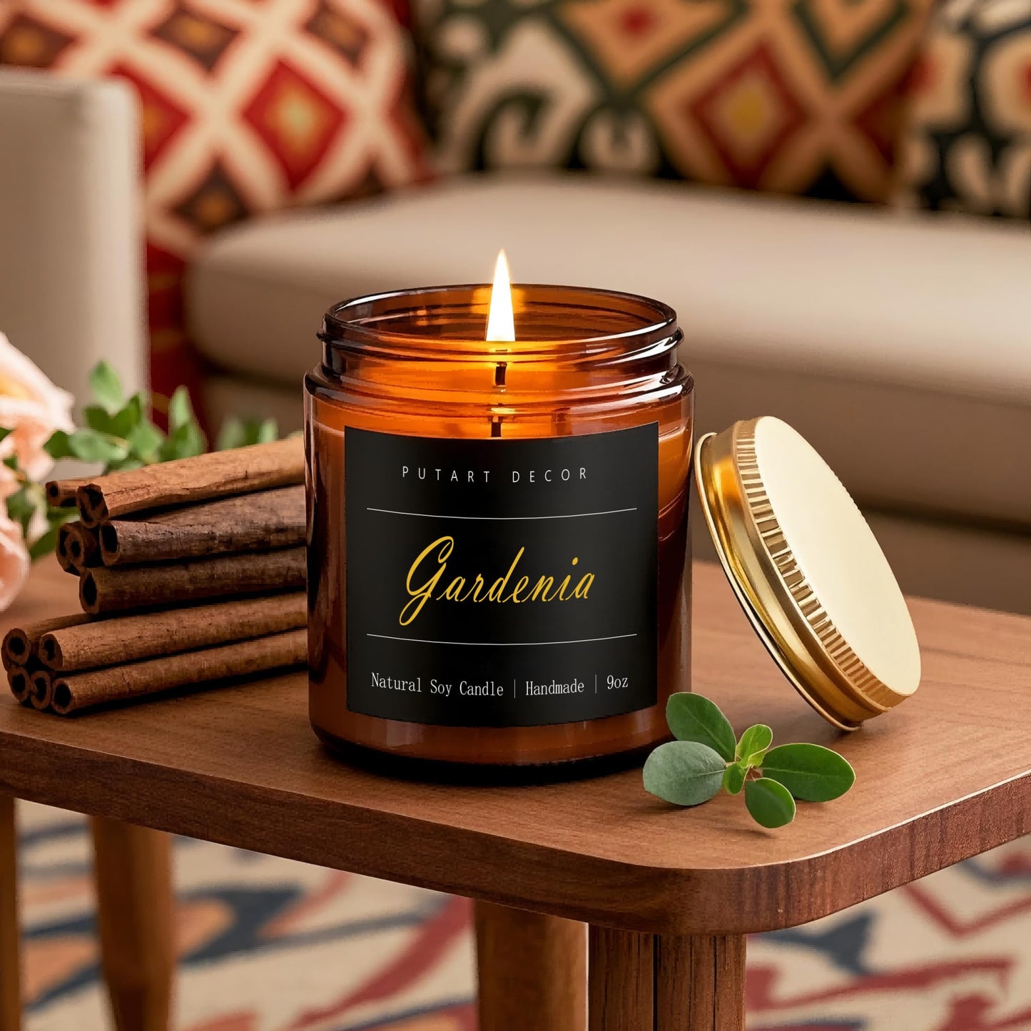 Putart Gardenia Scented Candles for Home, 9oz Natural Soy Wax Aromatherapy Organic Santal Candle for Stress Relief, Long Burning & Lasting Jar Candle Gifts for Birthday, Housewarmings, Thanksgiving