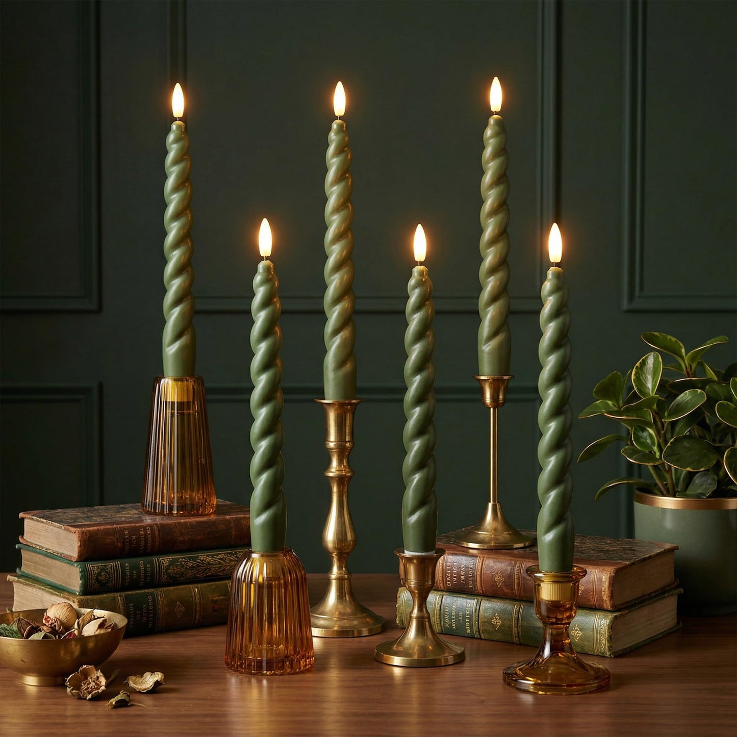 WYZworks 10" Flameless LED Taper Candles – Full Twisted Spiral – Loden Green, Set of 6 – Remote, 2/4/6/8-Hr Timer (24-hr Memory), Bottom On/Off Button, Dimmable, Battery Operated, Flicker/Steady