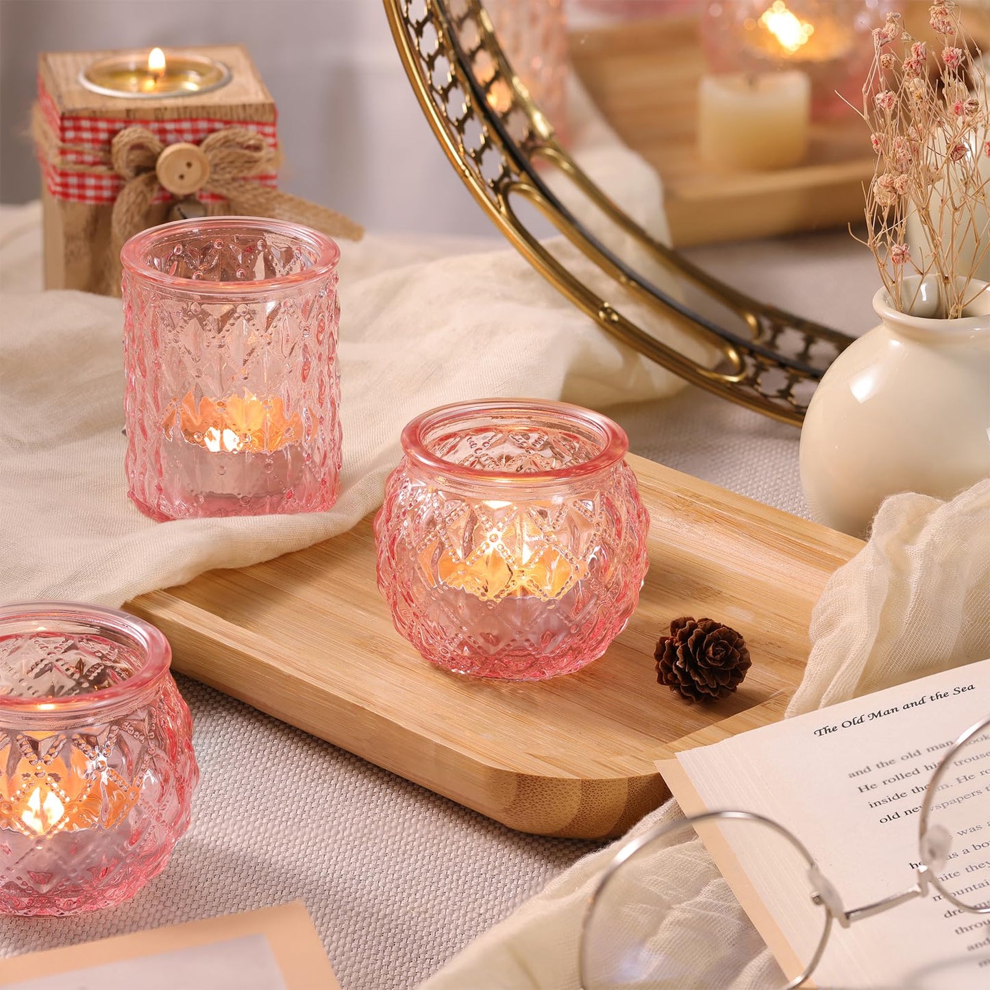 DARJEN 12Pcs Pink Votive Candle Holders- Glass Candle Holders Bulk for Flameless Tea Waxes, Romantic Candle Holder for Wedding & Parties, Home Table Decor