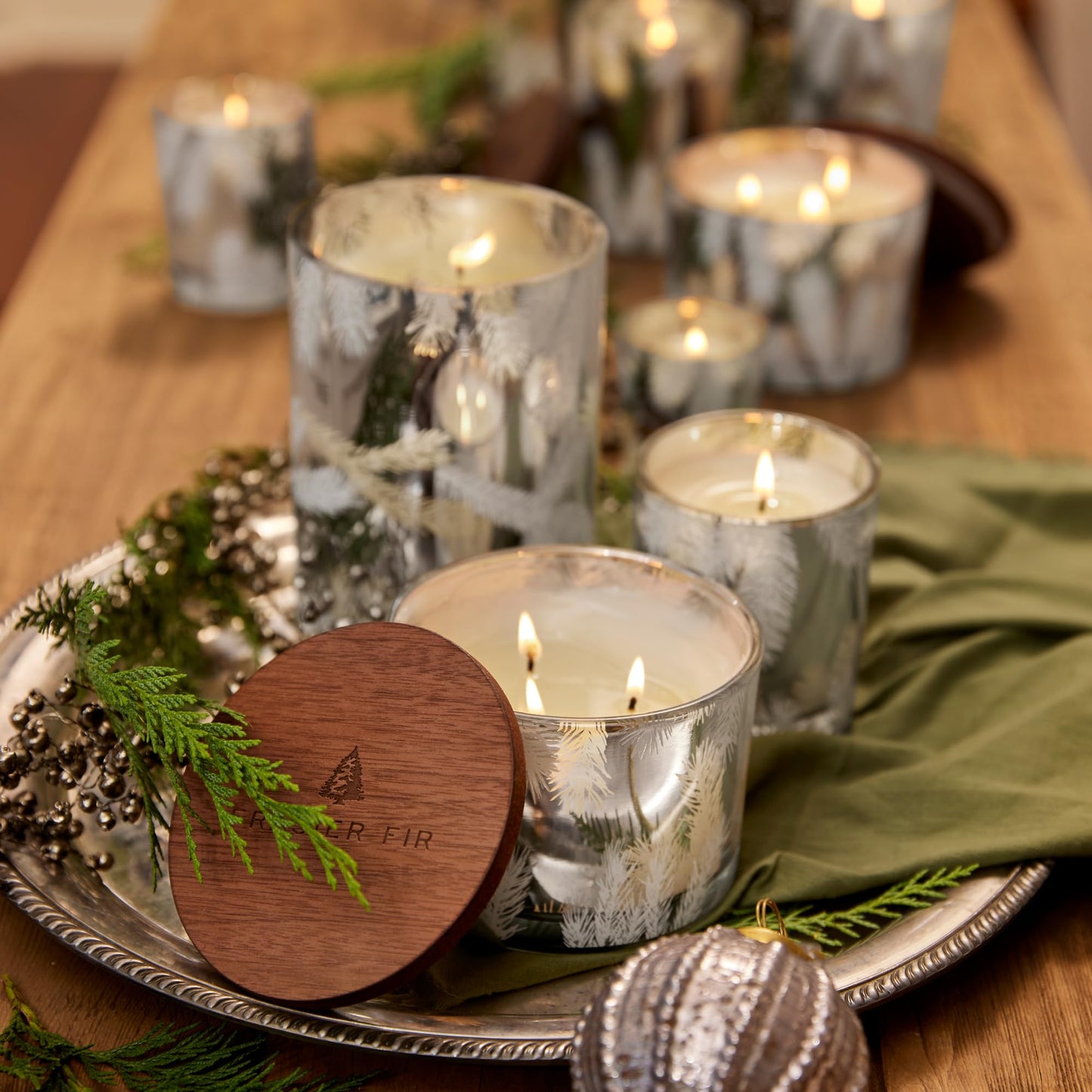 Thymes Frasier Fir Candles - Statement Collection - Silver with Pine Needle Design - Scented Candles for Home Decor - Notes of Siberian Fir Needles, Cedarwood & Sandalwood - 3 Wick (12.5 oz)