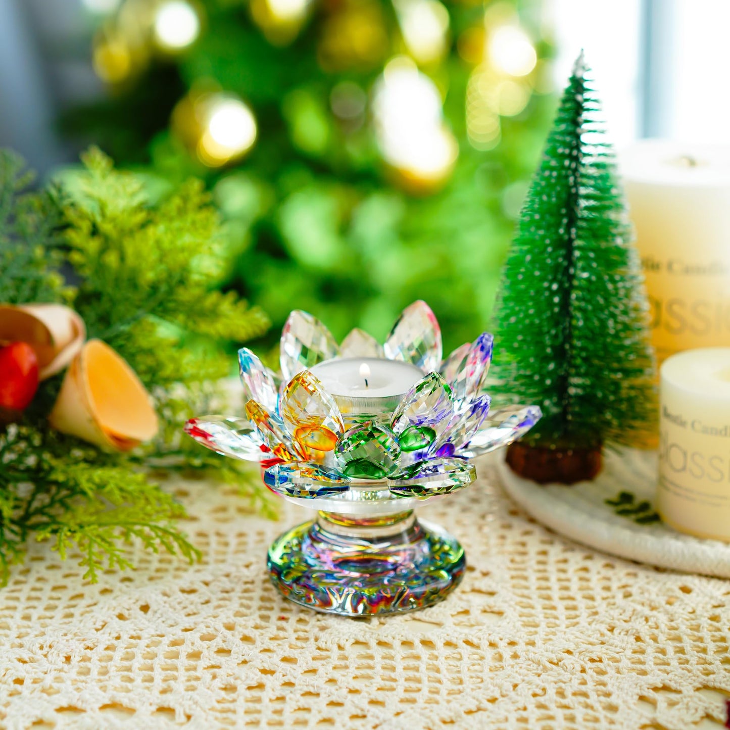 H&D HYALINE & DORA Colorful Crystal Lotus Flower Candle Holder Tealight Holders (4.5inch-Multi)