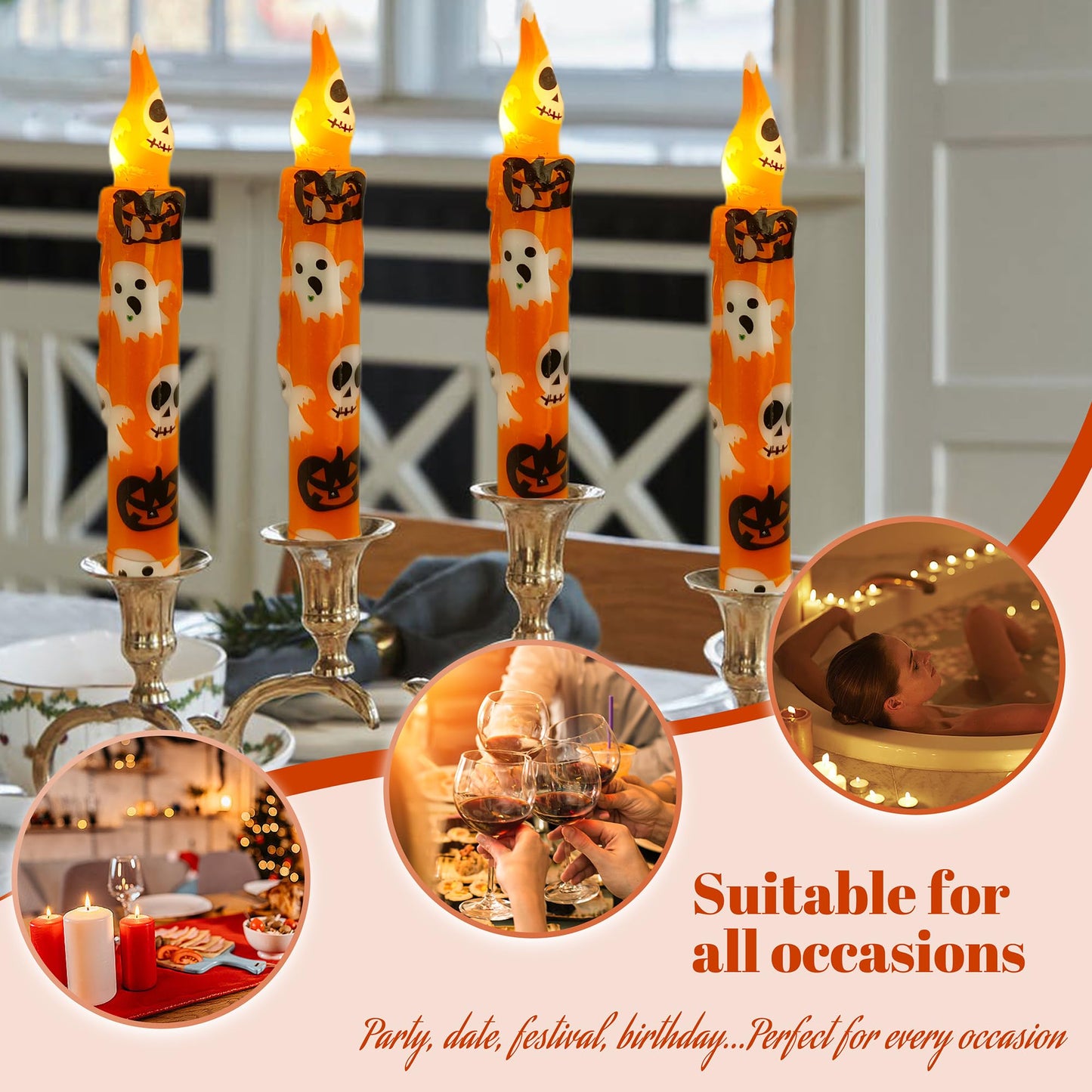 Gedengni Halloween Candlesticks Flameless Taper Candle, 4pcs Printed LED Tapered Candles Remote Dipped Candle 6inch Battery Chandelier for Enchanting Weddings and Harry Potter Inspired Vigils(Hall)