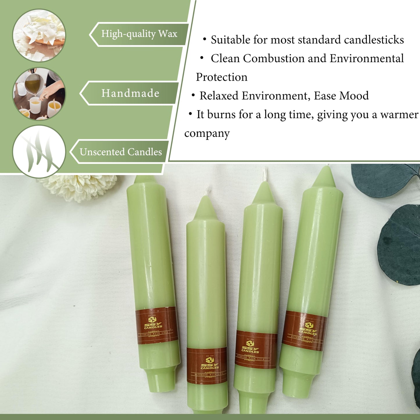 Unscented Taper Candles 7 in Small Candlesticks Light Green Candles 4 Pack for Dinner Household Wedding Party Home Décor