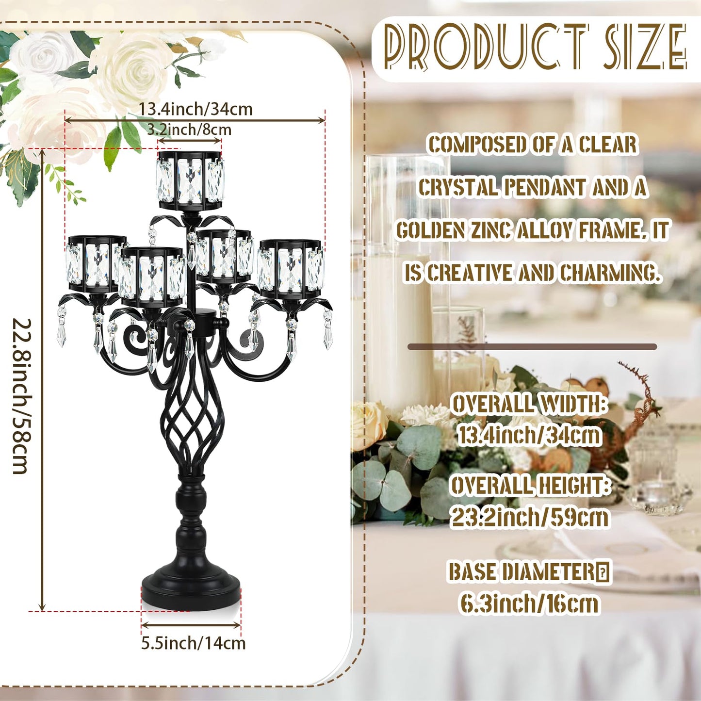 23.2 inch Tall Elegant and Chic 5 Arm Pendant Crystal Candlestick Holder Table Decoration tealight Candle Holder, Candelabra for Gorgeous Wedding/Parties Table Centerpiece (1, Black)