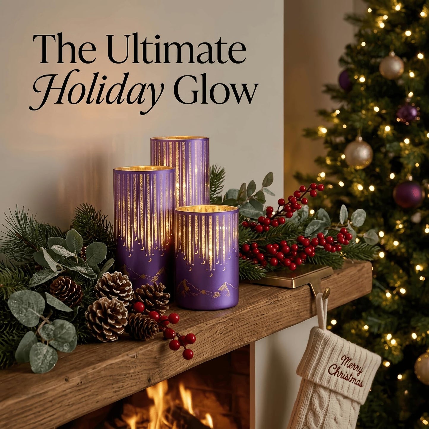 Ashroder Starry Night Elegant Hurricane Candleholders with LED Flickering Lights & Remote Timer, Decorative Glass Hurricanes for Indoor Table Centerpieces & Year-Round Home Decor, Set of 3 (Purple)
