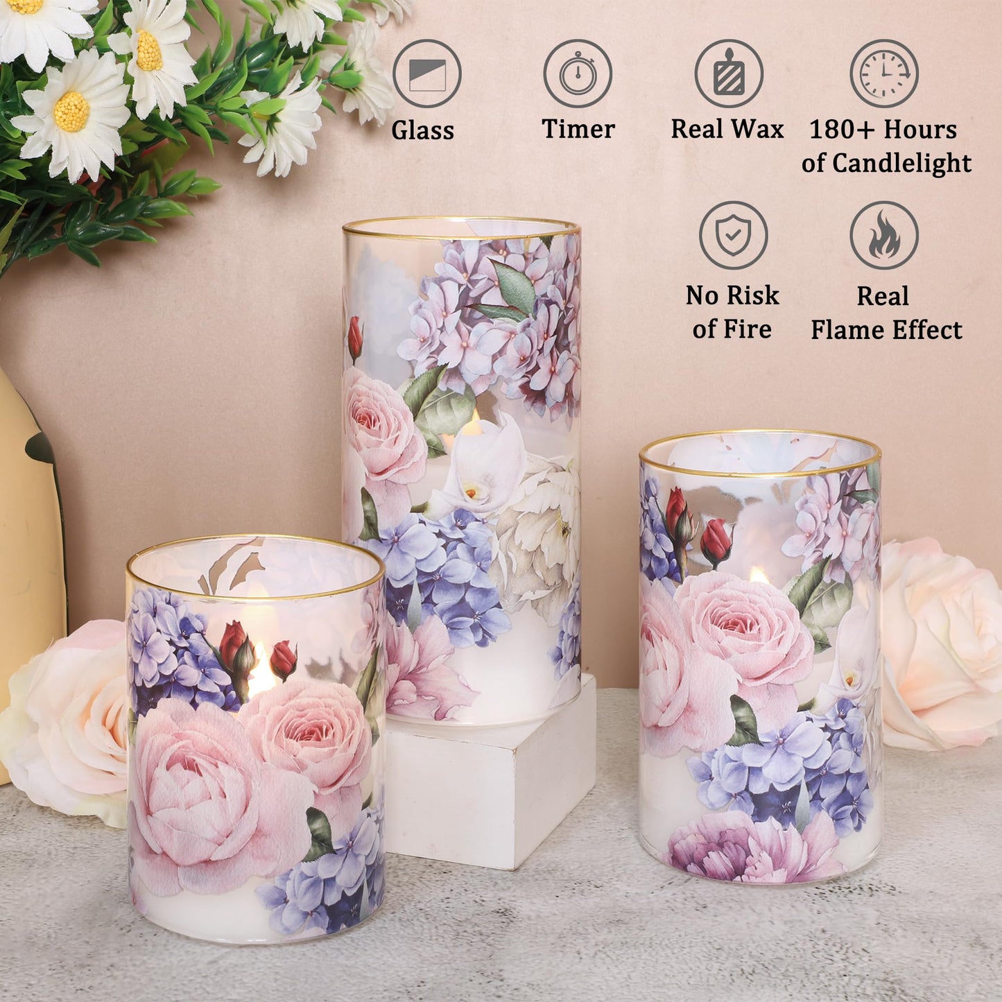 Silverstro Hydrangea Rose Flameless Candles with Remote Control & Timer Function - Real Wax Glass Battery Operated Candles - Home Farmhouse Holiday Christmas Valentine's Day Decorations - Set of 3