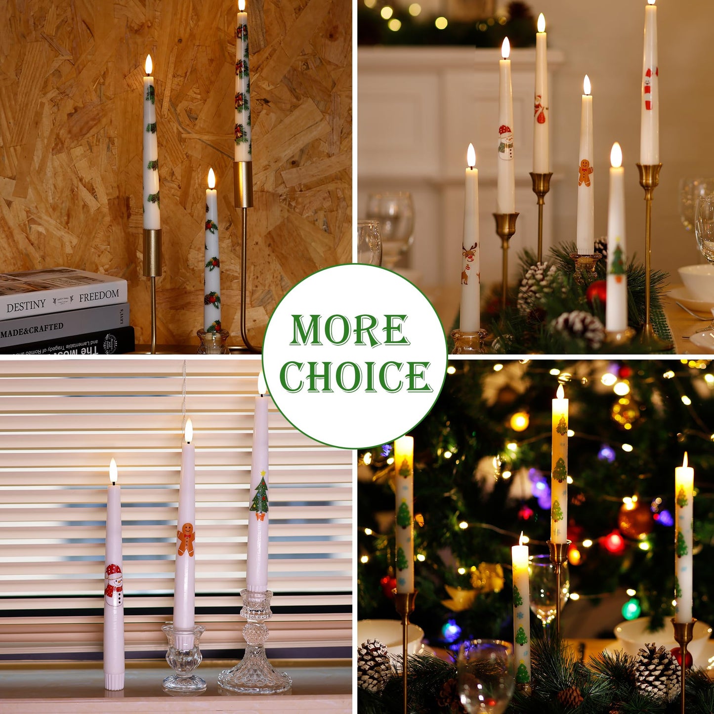 AFINETH Christmas Flameless Taper Candles with Pine Leaves, Pine Cones, Bells, 9.6" Real Wax LED Candles with Remote, 3 Pcs Flickering Battery Operated Candlesticks, Xmas Candle for Home, Party Decor
