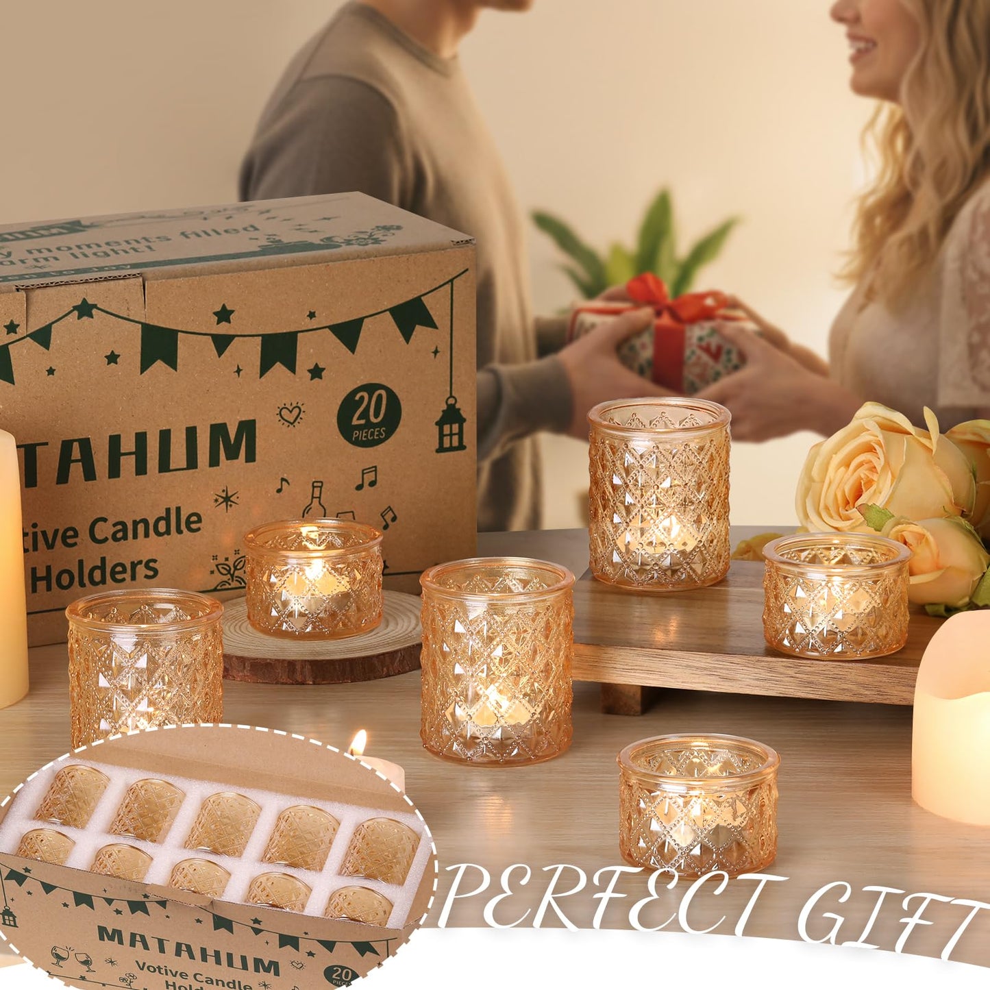 MATAHUM 20 Pcs Gold Glitter Diamond Tealight Candle Holders, Luxury Glass Votive Candle Holders Bulk, 2 Sizes for Wedding Centerpieces, Bridal Shower, Birthday, and Anniversary Party Decor