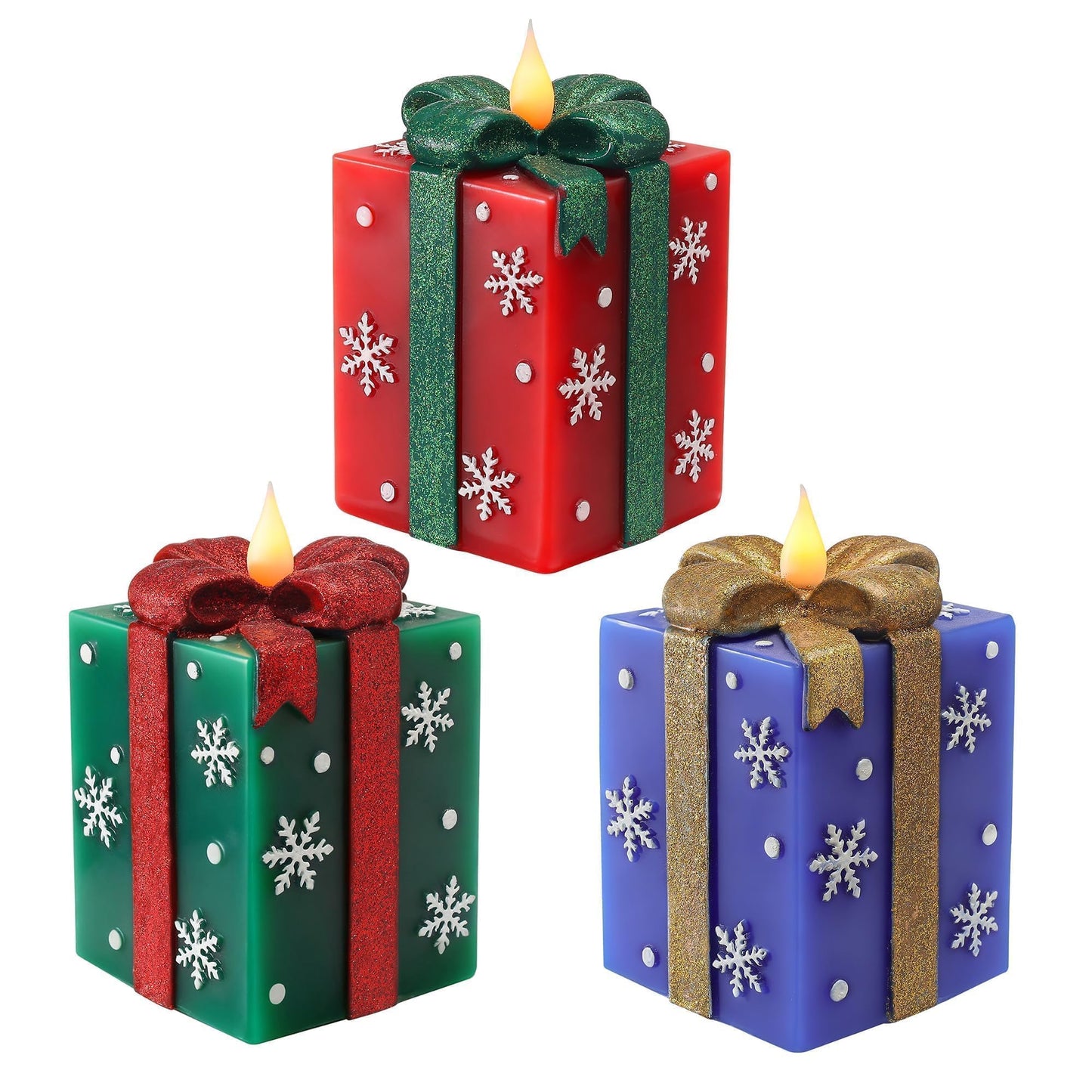 LCZLUMIPRO 3 Pcs Elegant Gift Box Flameless Candles with Remote Timer - Hand-Painted Real Wax LED Candles, Battery Operated for Christmas, Home, Party Decor (Red/Green/Blue)