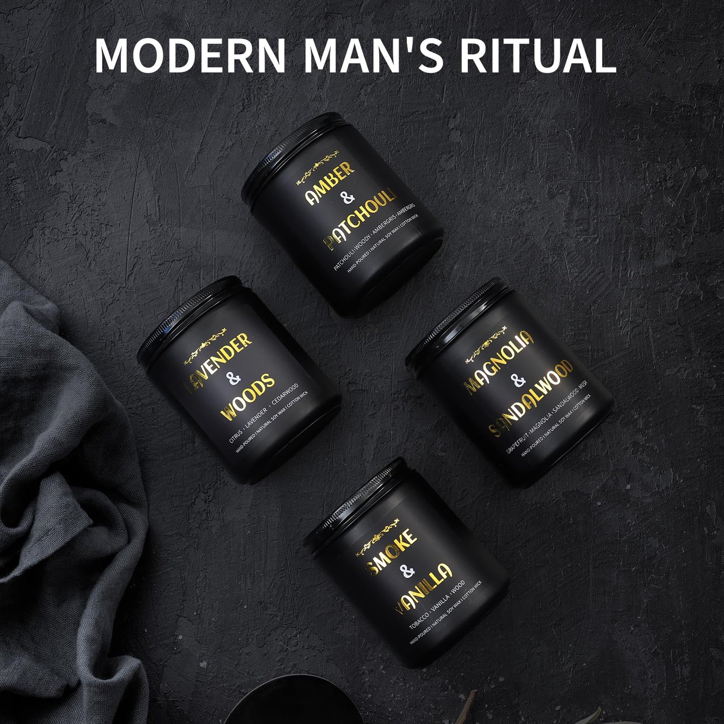 Scented Candles for Men, 4 Pack Mens Candle Gift Set, Relaxation Candles for Home Scented, 28oz Soy Wax Aromatherapy Candles of Lavender/Patchouli/Sandalwood/Smoke & Vanilla