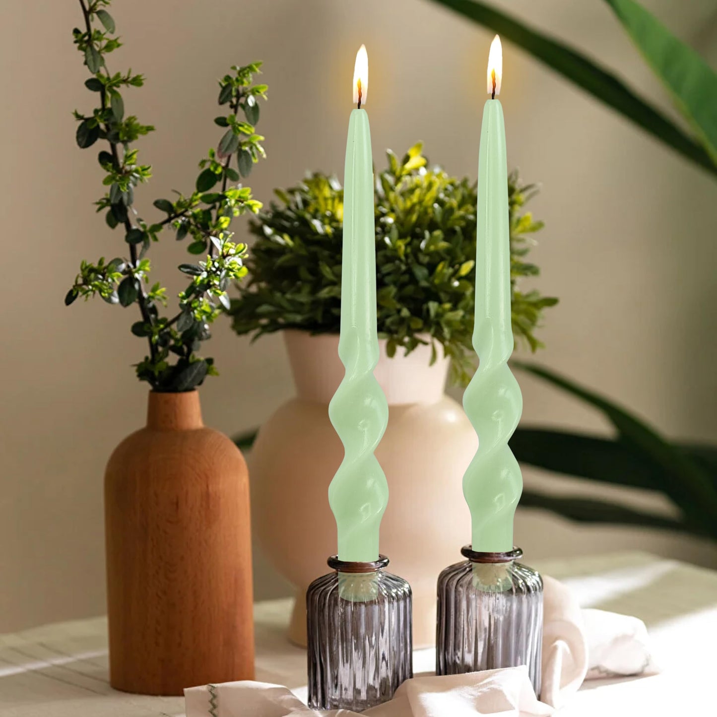 Green Taper Candles Spiral Smokeless Tapered Candles Long Twisted Candlesticks Unique Unscented Candle for Wedding Dinner Party Home Decoration
