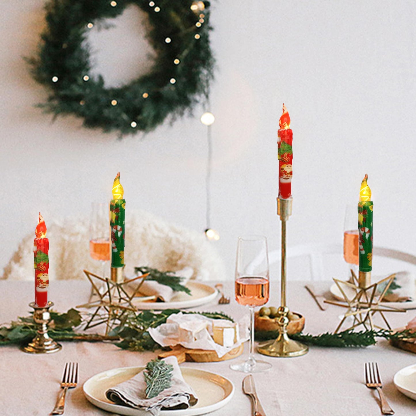 FCMSHAMD Christmas Flameless Short Taper Candles, Red Green LED Battery Operated with Remote, Flickering Flame Lights for Home Décor, 6.7 Inch Primitive Flameless Print Candles, 4PCS