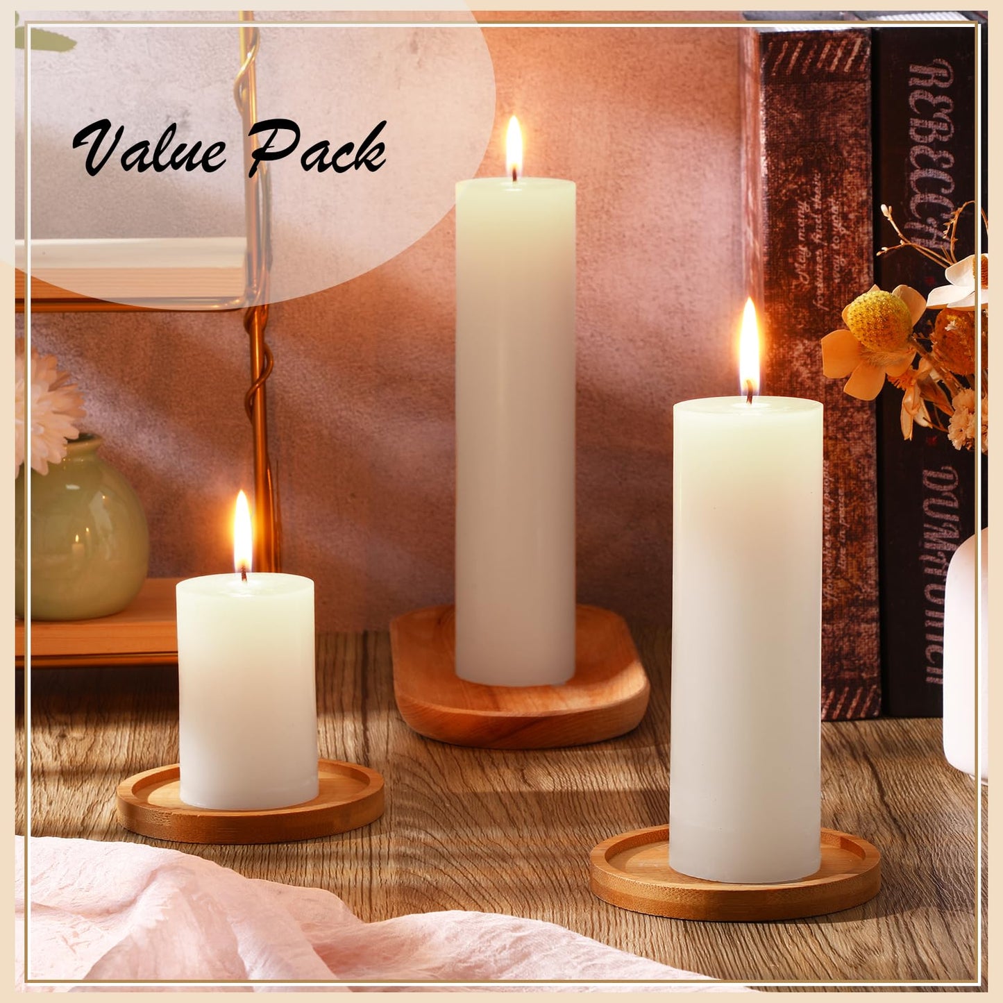 Nuogo 24 Pcs Ivory Pillar Candles Bulk Set of 3 Long Burning Wax Pillar Candles 2 in x 3, 6, 8 Inch Dripless Unscented Smokeless for Wedding Party Spa Lantern Fireplace Home